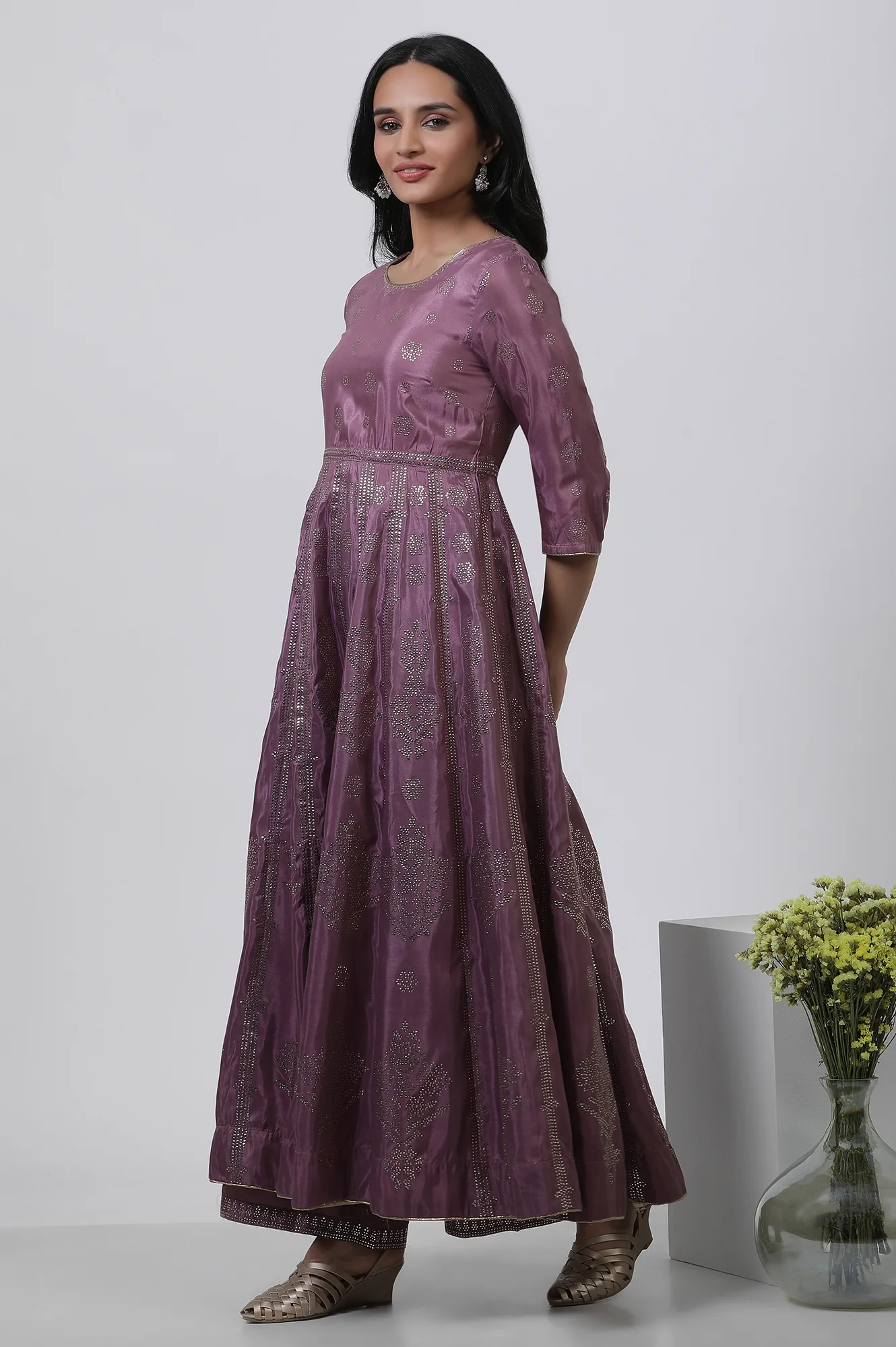 Purple Panelled Kalidar Dress And Pants Set - Image 3