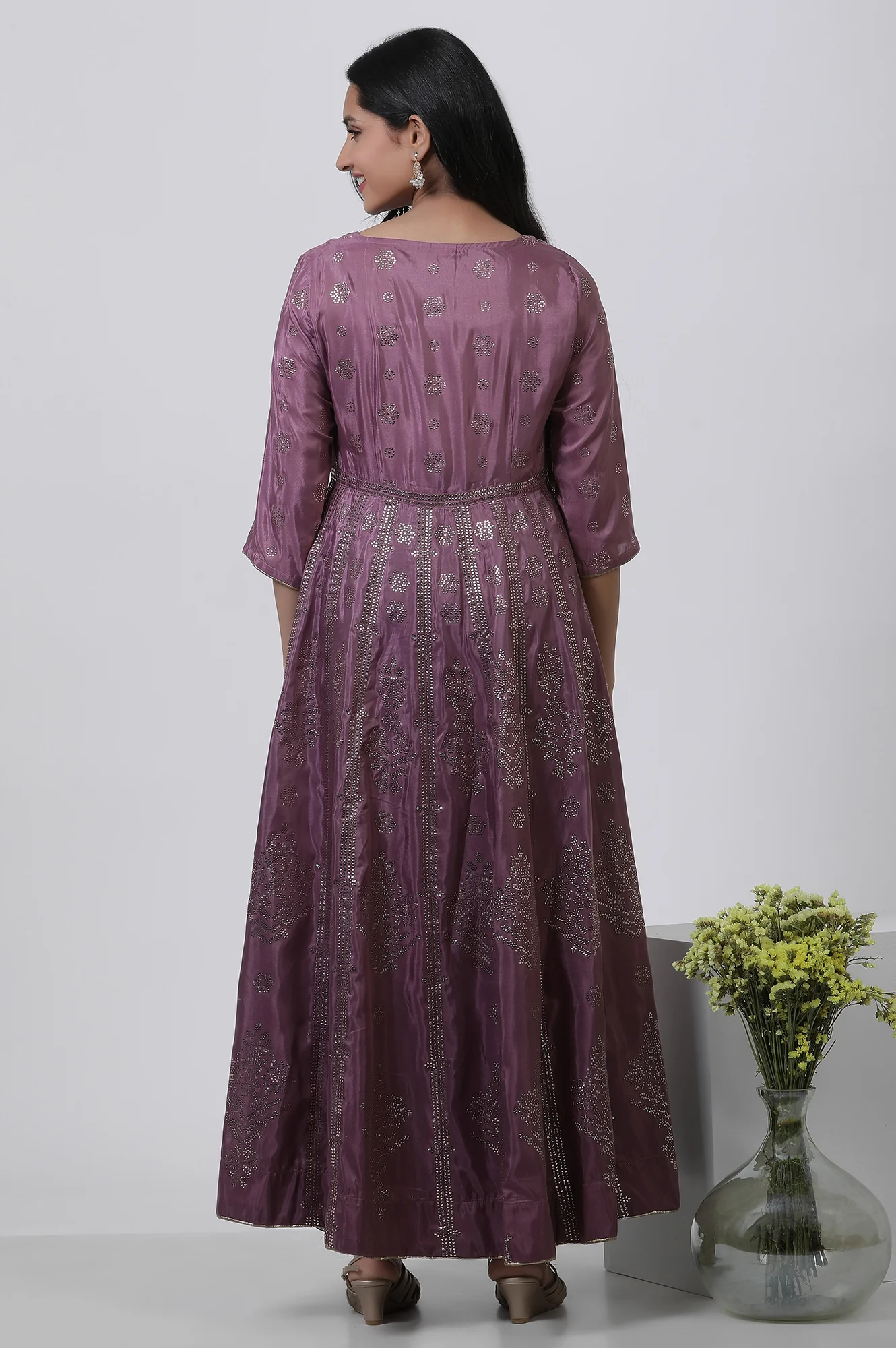 Purple Panelled Kalidar Dress And Pants Set - Image 4
