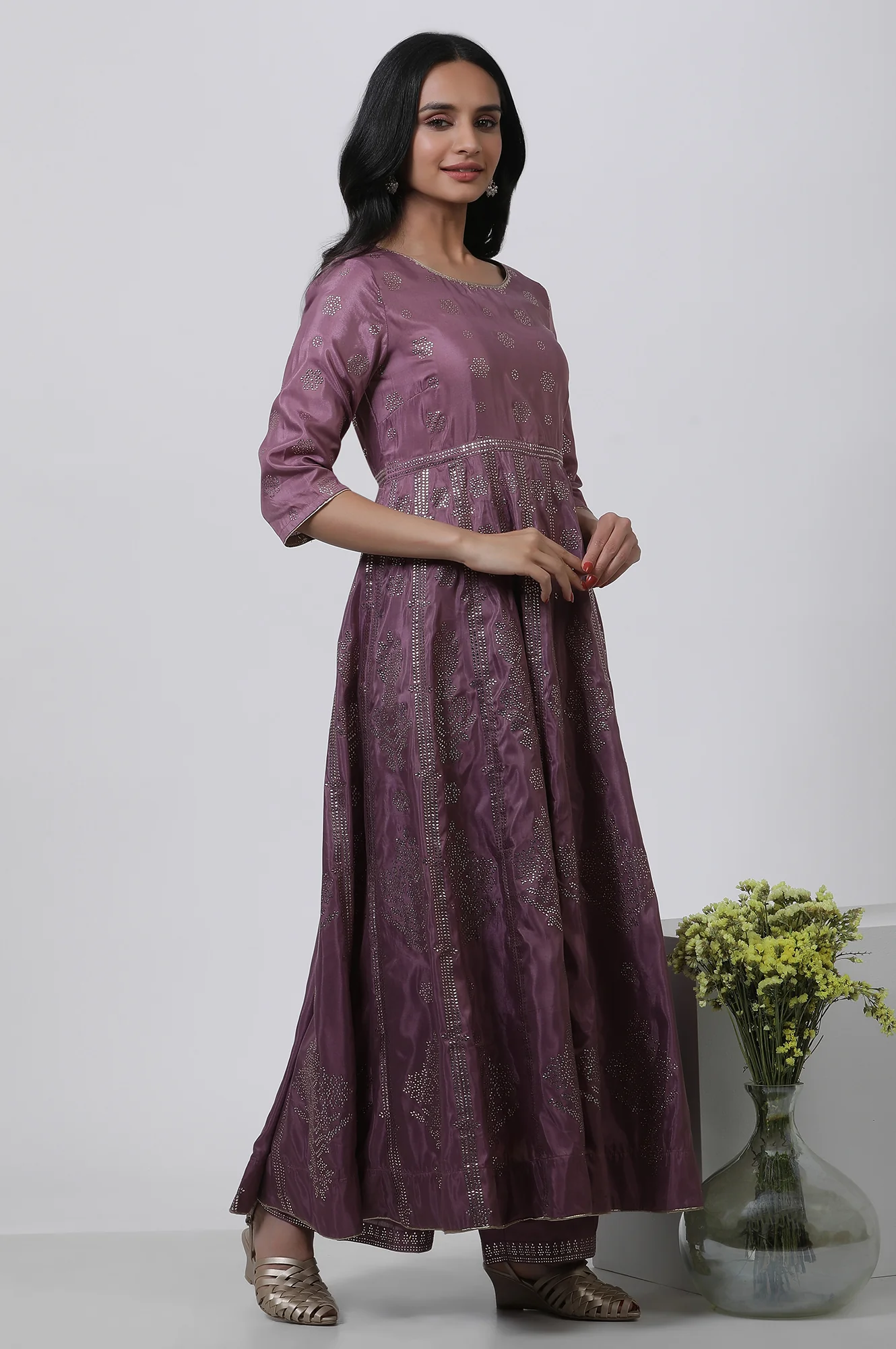 Purple Panelled Kalidar Dress And Pants Set - Image 5
