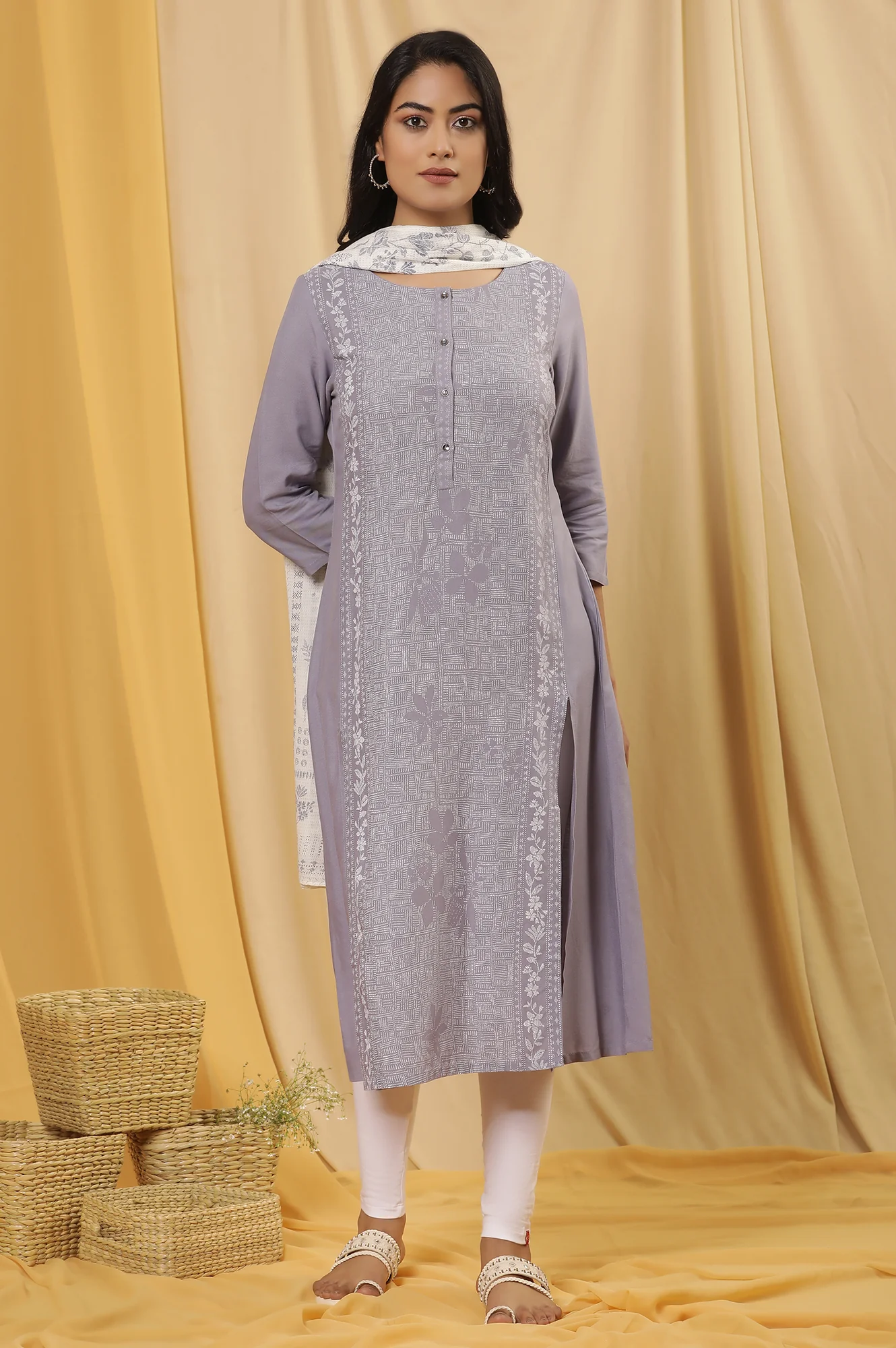 Purple Panelled Kurta, Tights And Dupatta Set - Image 2