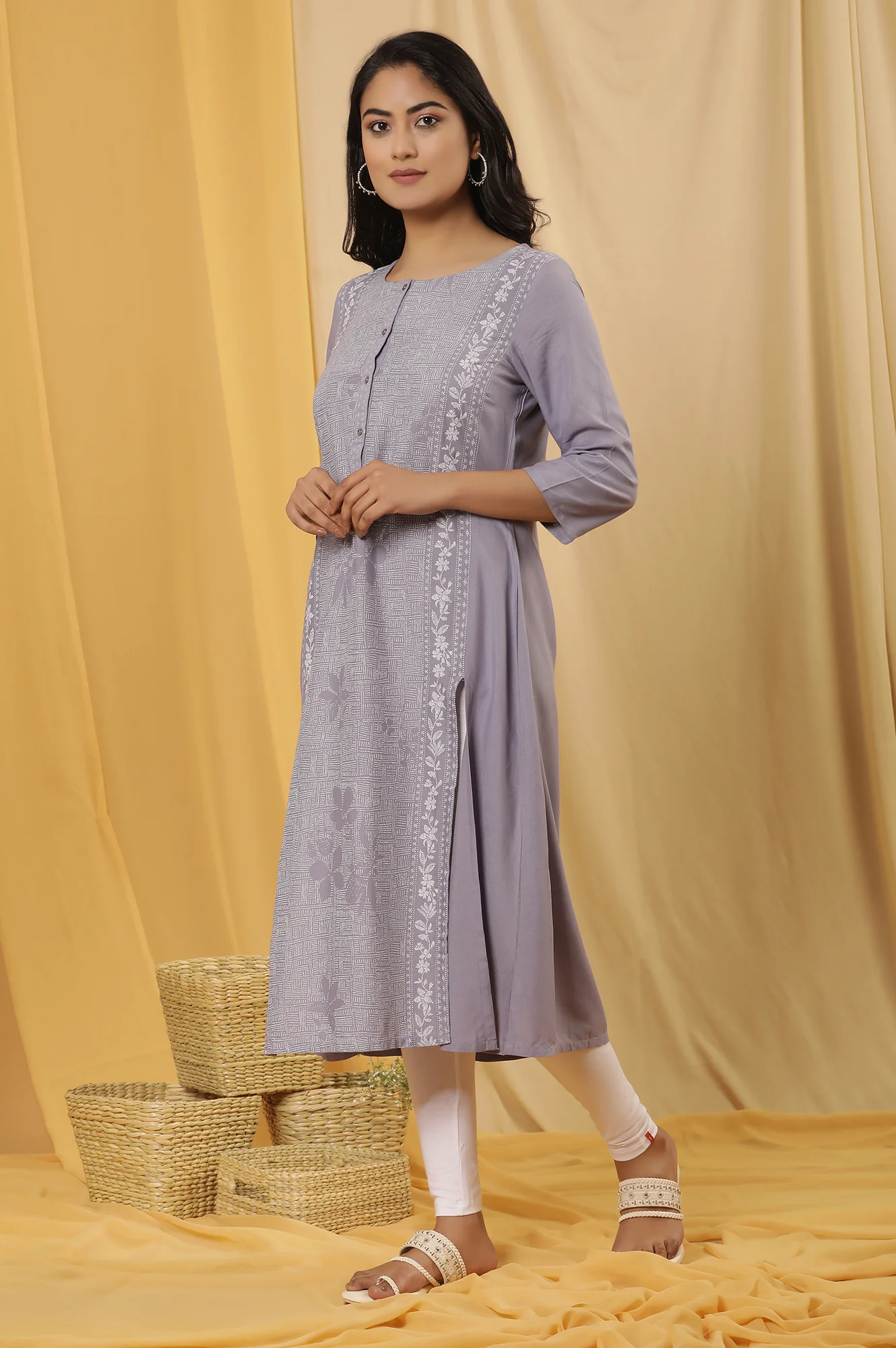 Purple Panelled Kurta, Tights And Dupatta Set - Image 3