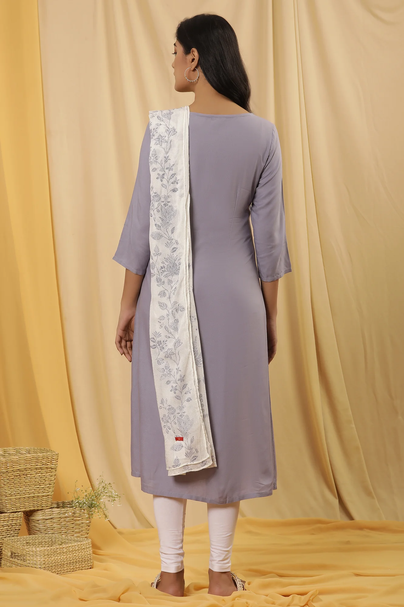 Purple Panelled Kurta, Tights And Dupatta Set - Image 4