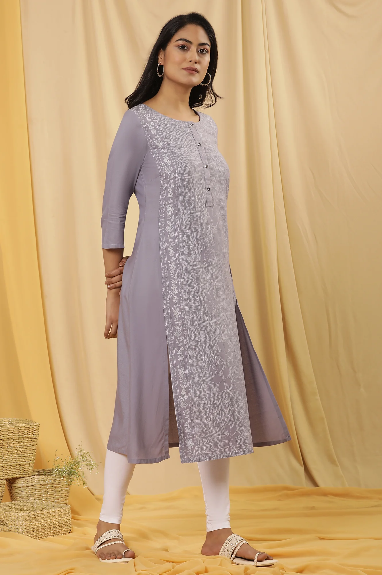 Purple Panelled Kurta, Tights And Dupatta Set - Image 5