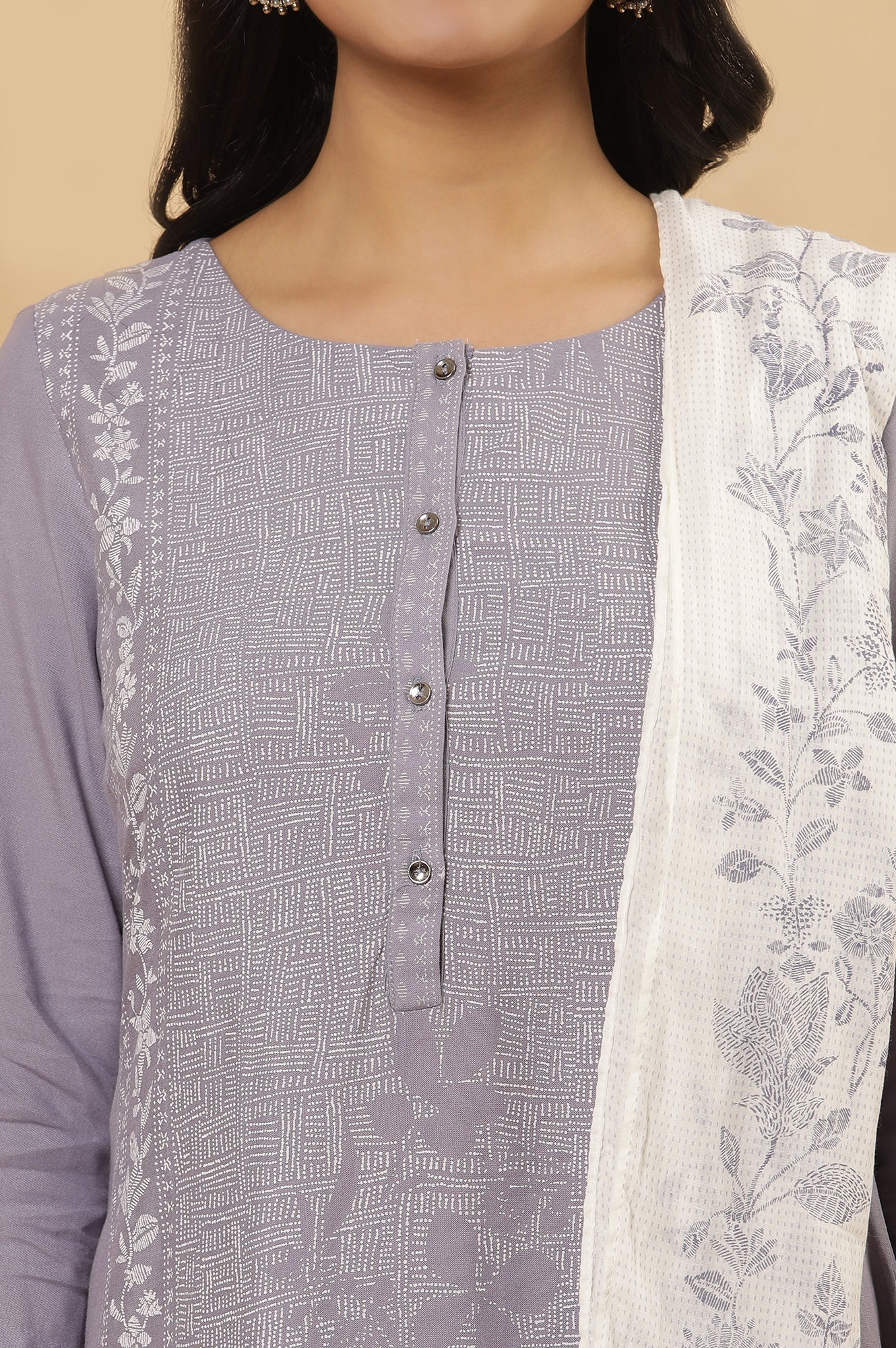 Purple Panelled Kurta, Tights And Dupatta Set - Image 6