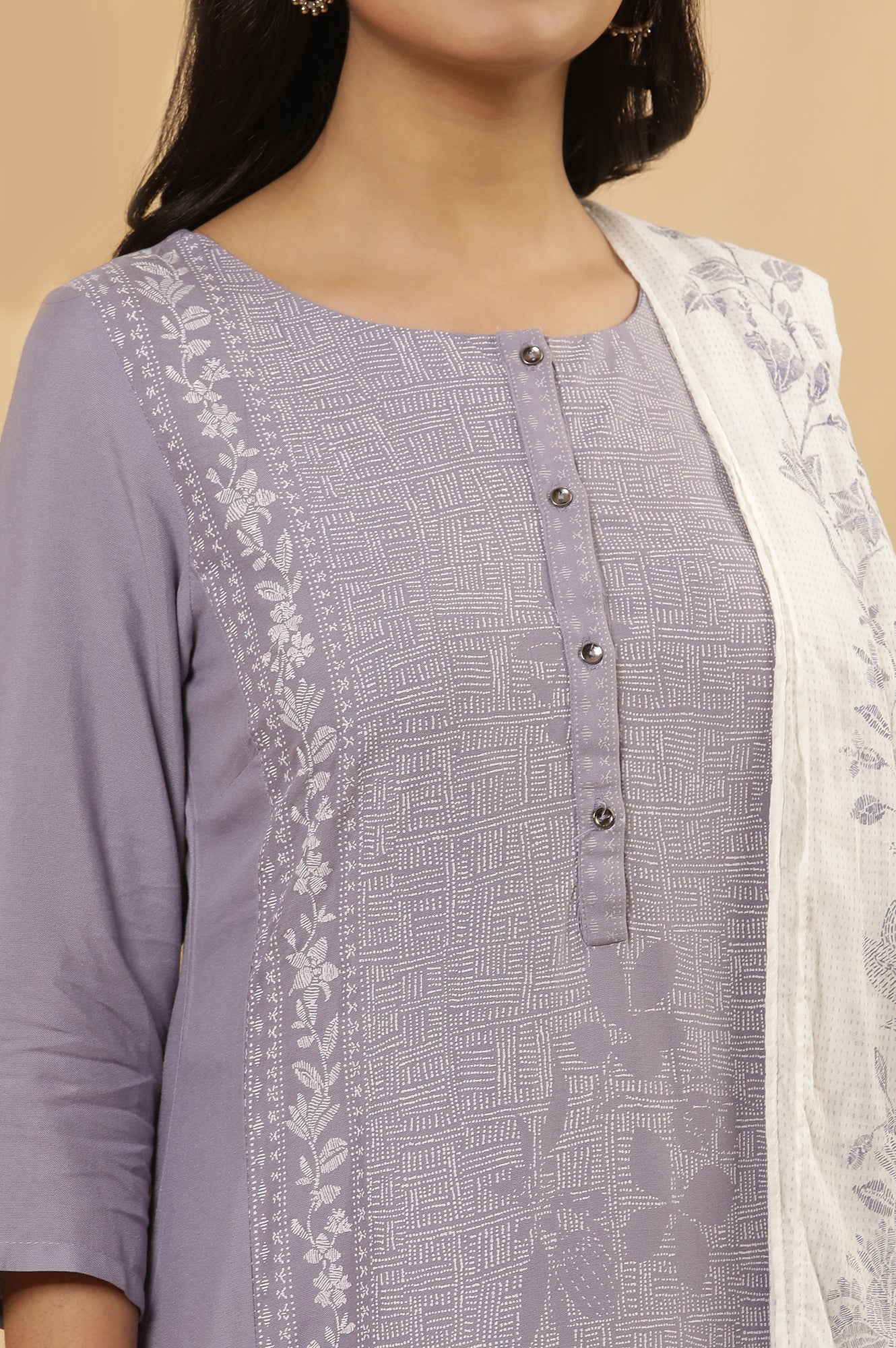 Purple Panelled Kurta, Tights And Dupatta Set - Image 7