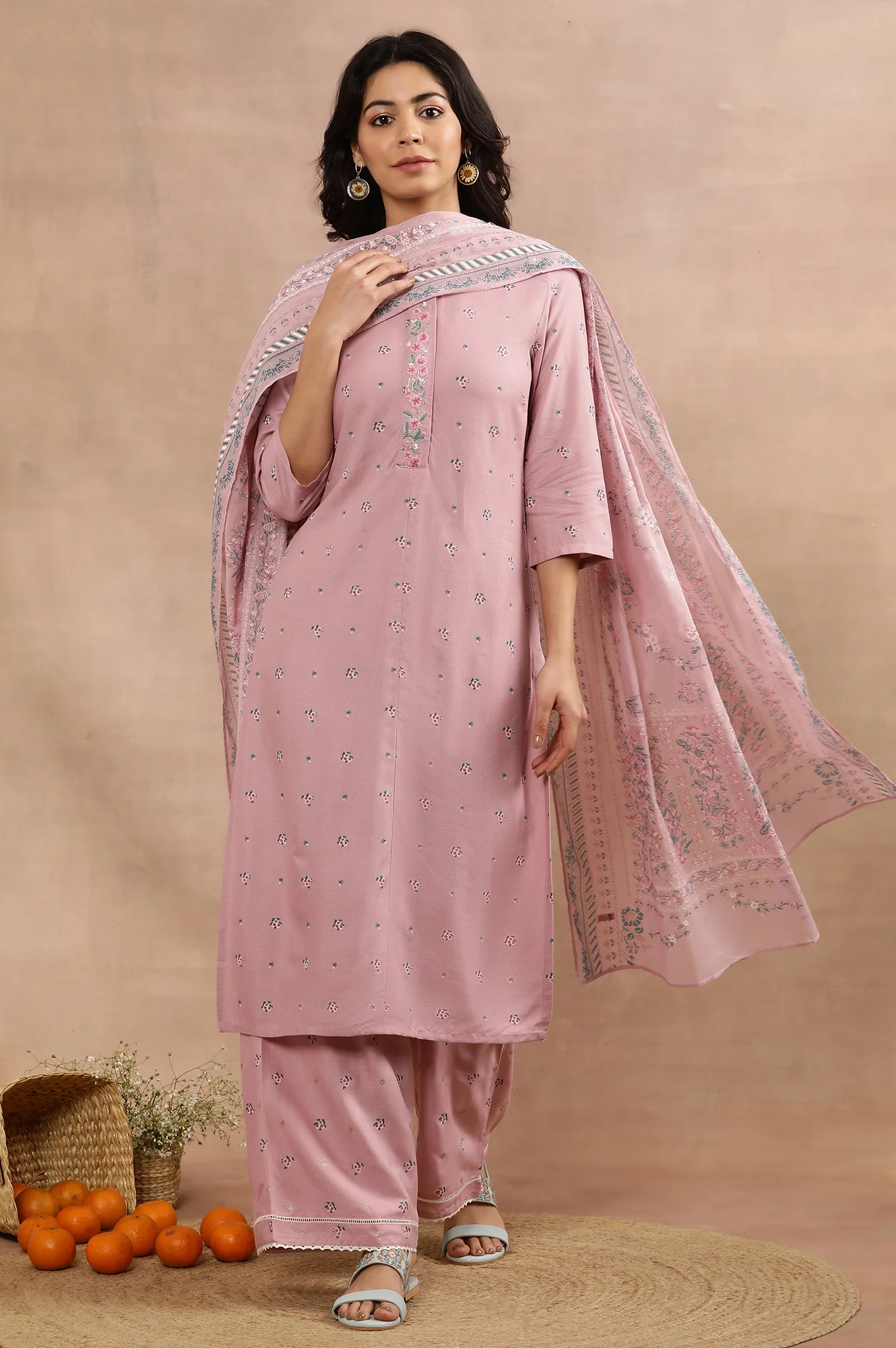 Purple Printed Kurta, Parallel Pants And Dupatta Set - Image 2