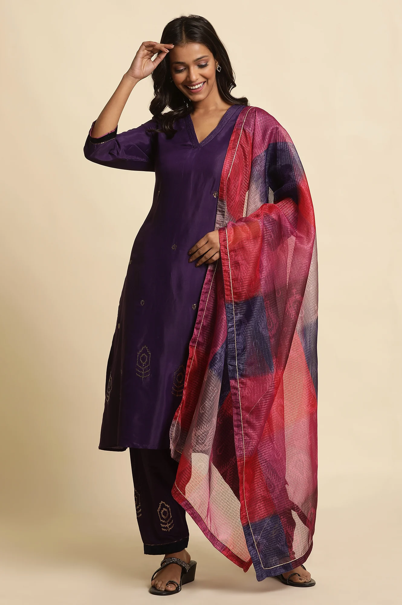 Purple Sequined Kurta, Salwar And Dupatta Set - Image 2