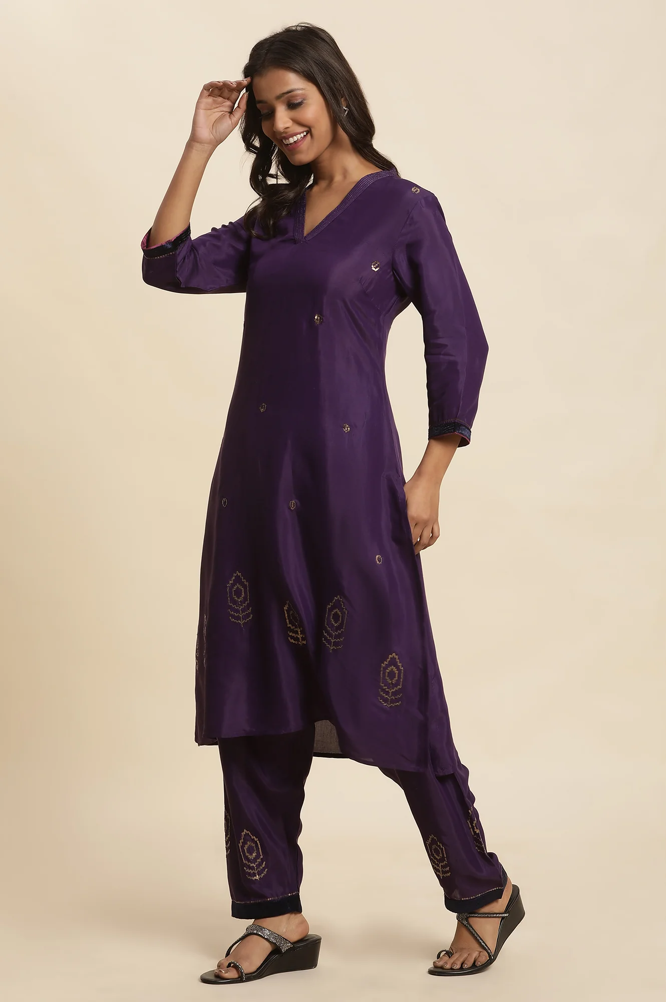Purple Sequined Kurta, Salwar And Dupatta Set - Image 3