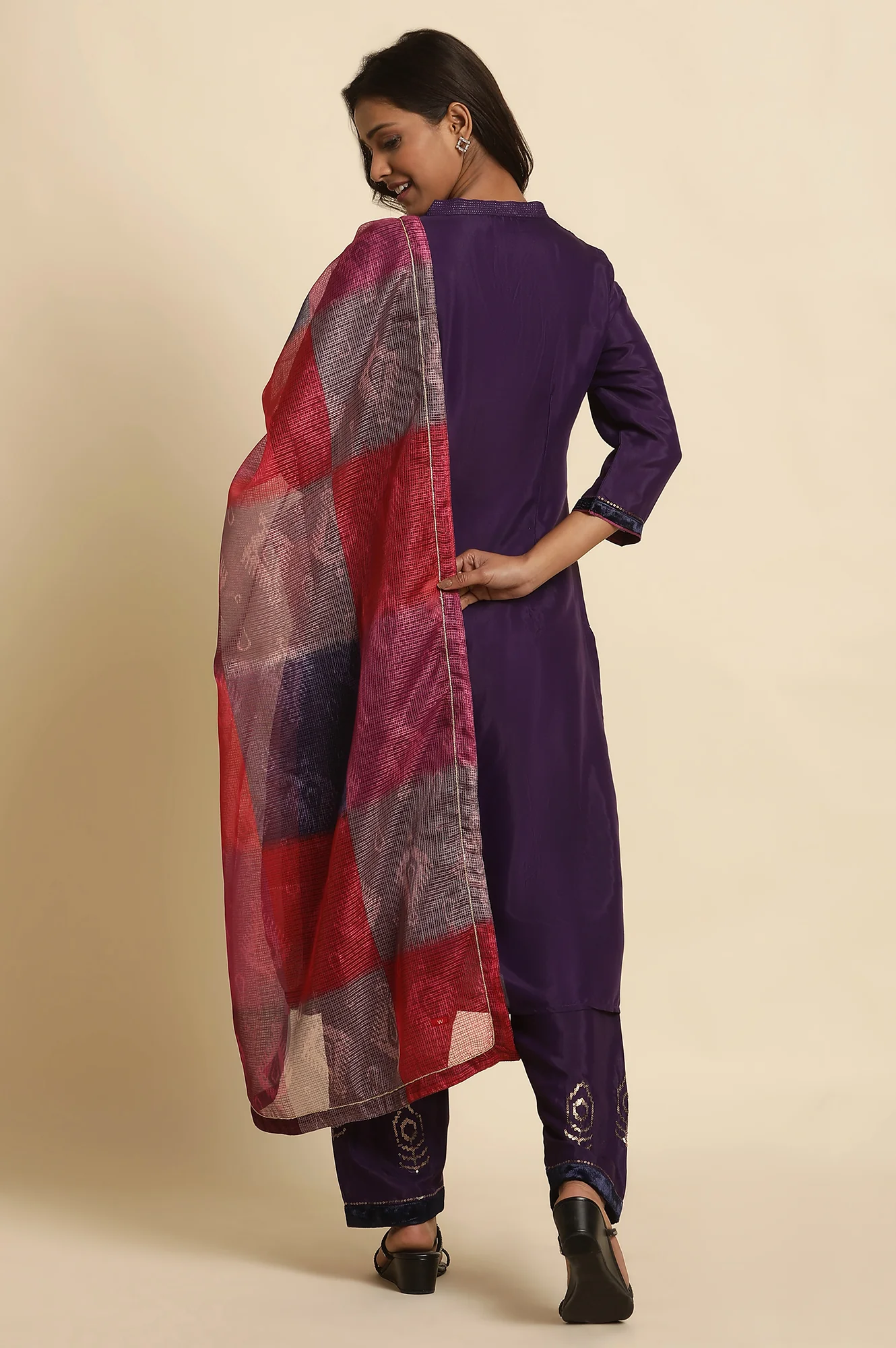 Purple Sequined Kurta, Salwar And Dupatta Set - Image 4