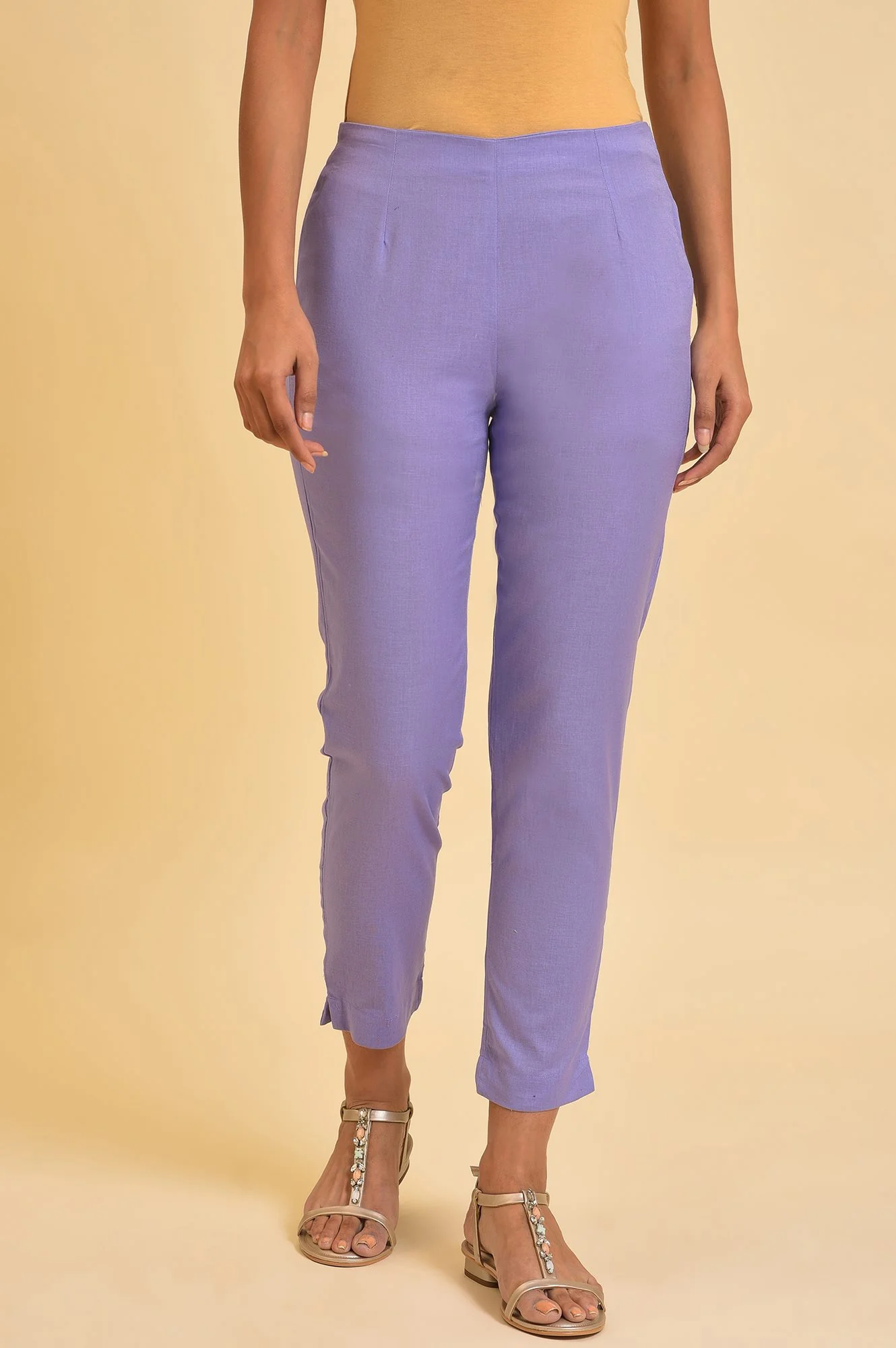 Purple Solid Cotton Flax Slim Pants - Image 2