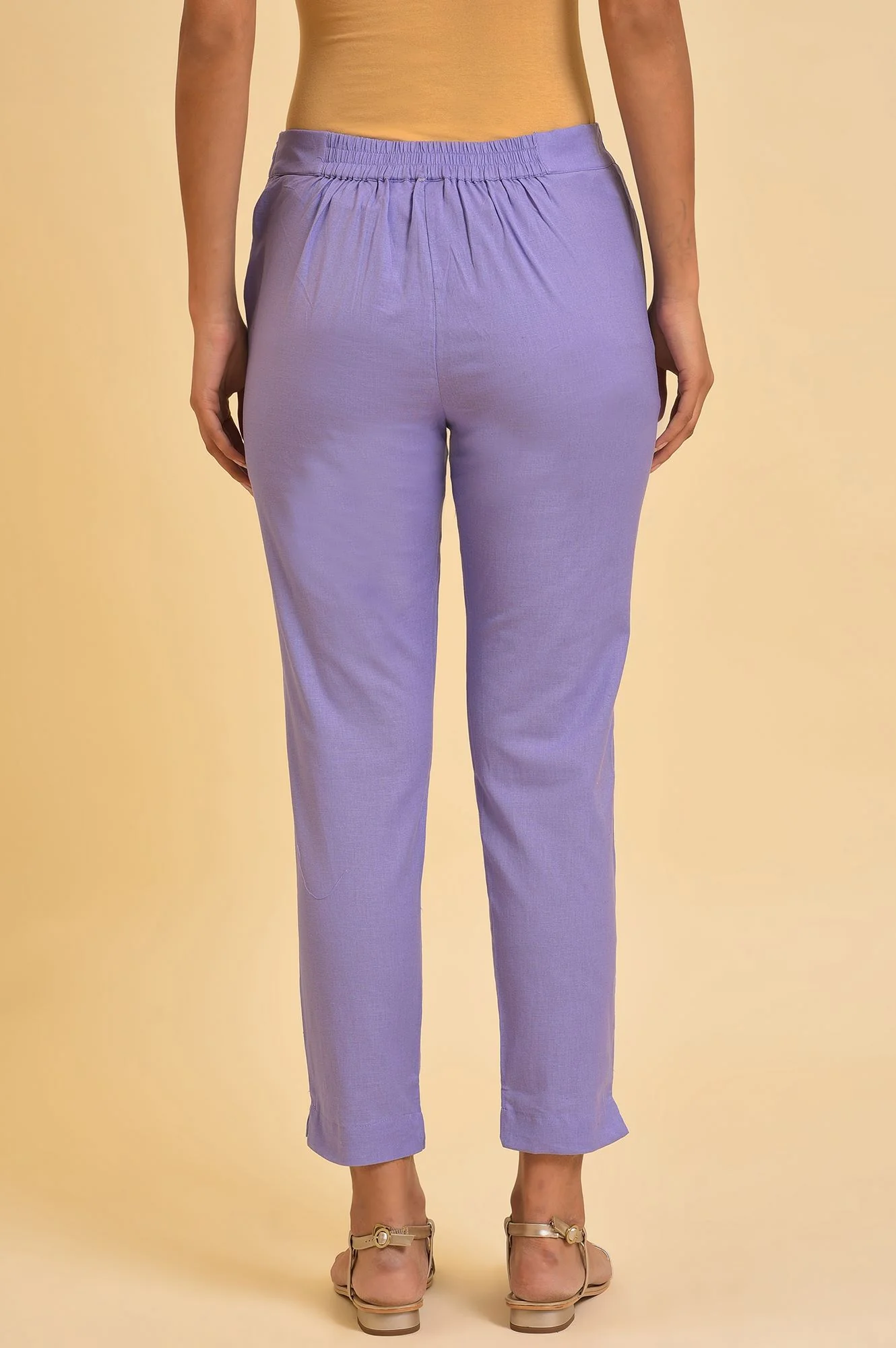 Purple Solid Cotton Flax Slim Pants - Image 3