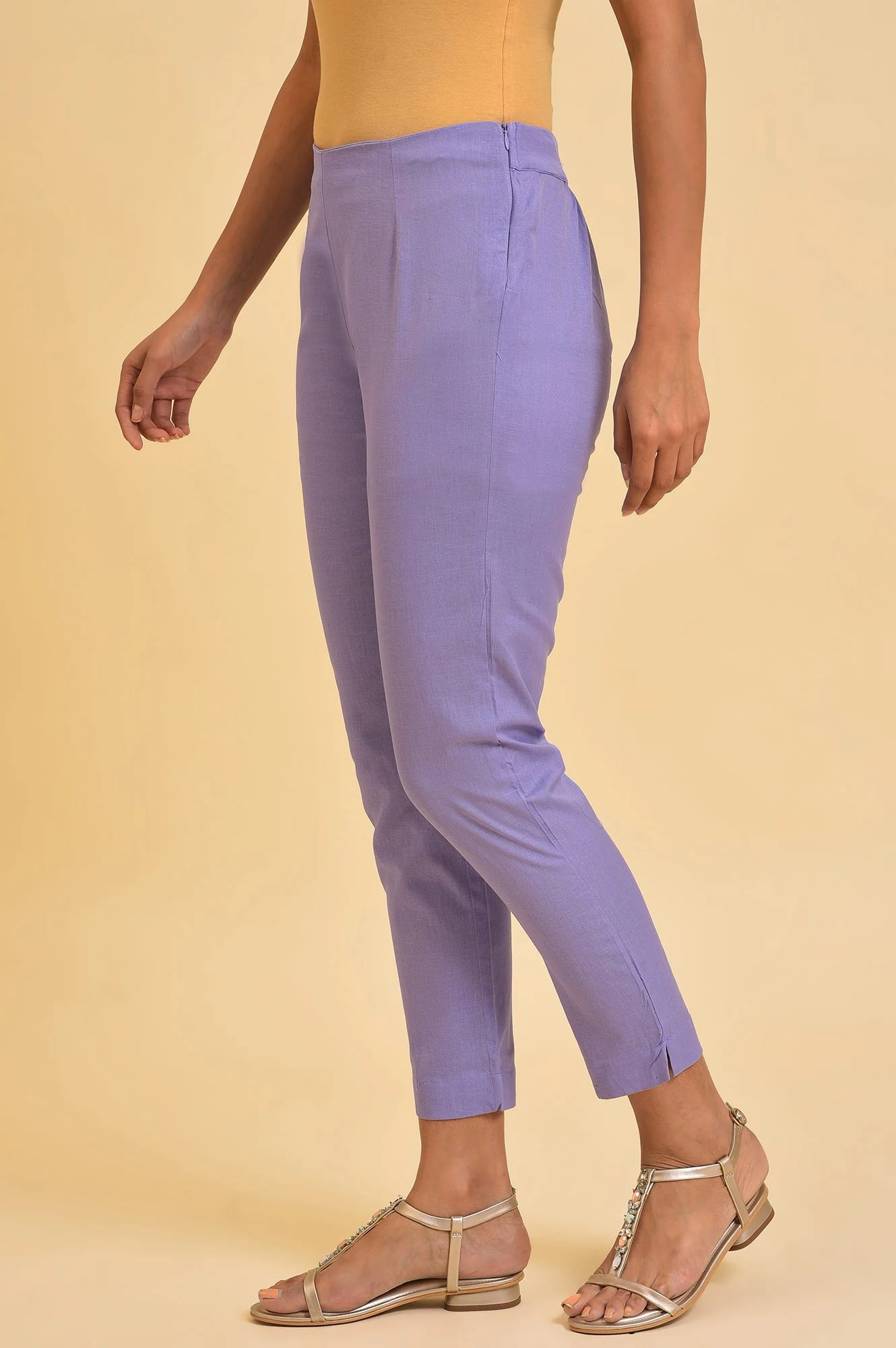 Purple Solid Cotton Flax Slim Pants - Image 4
