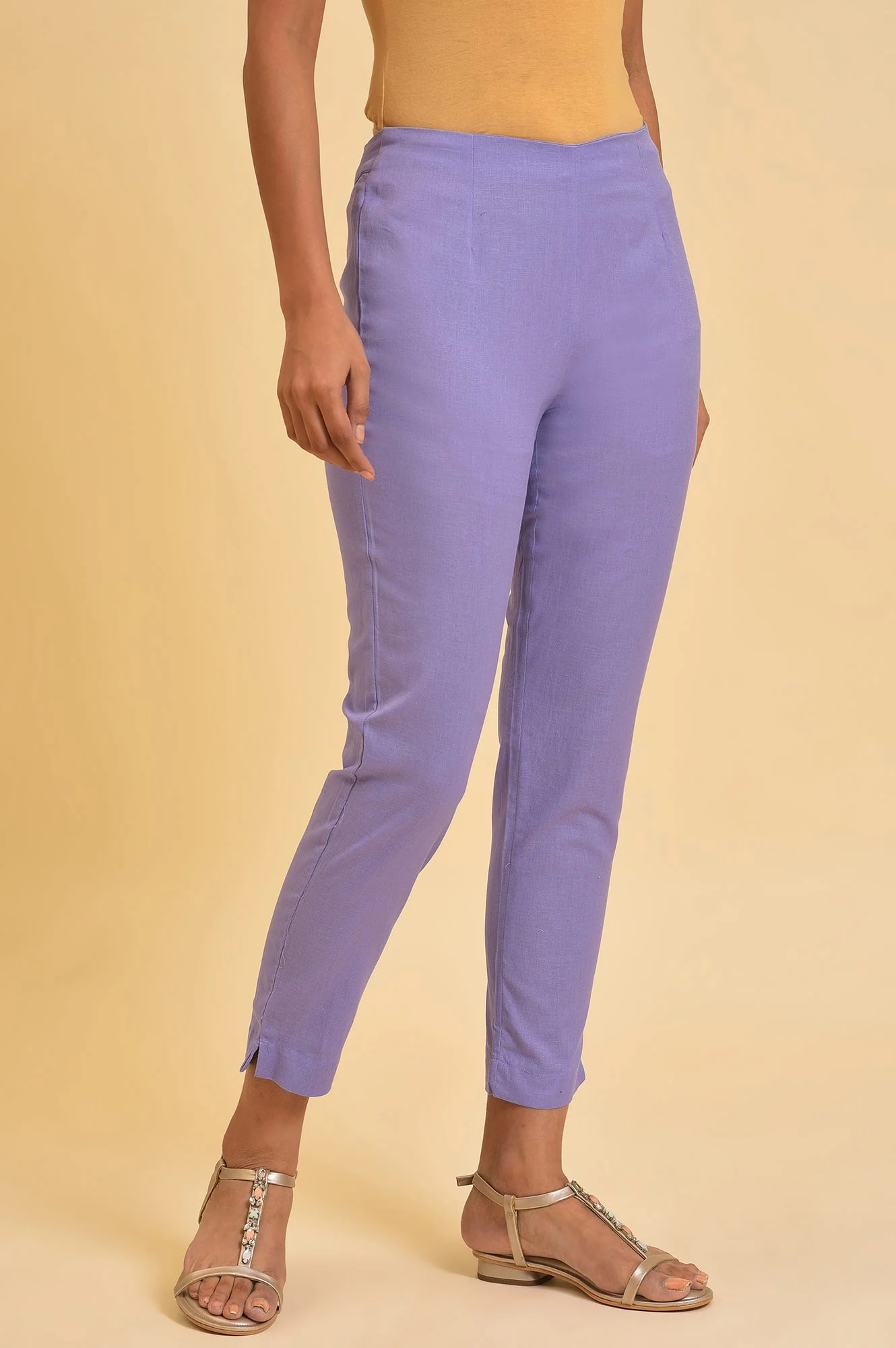 Purple Solid Cotton Flax Slim Pants - Image 5
