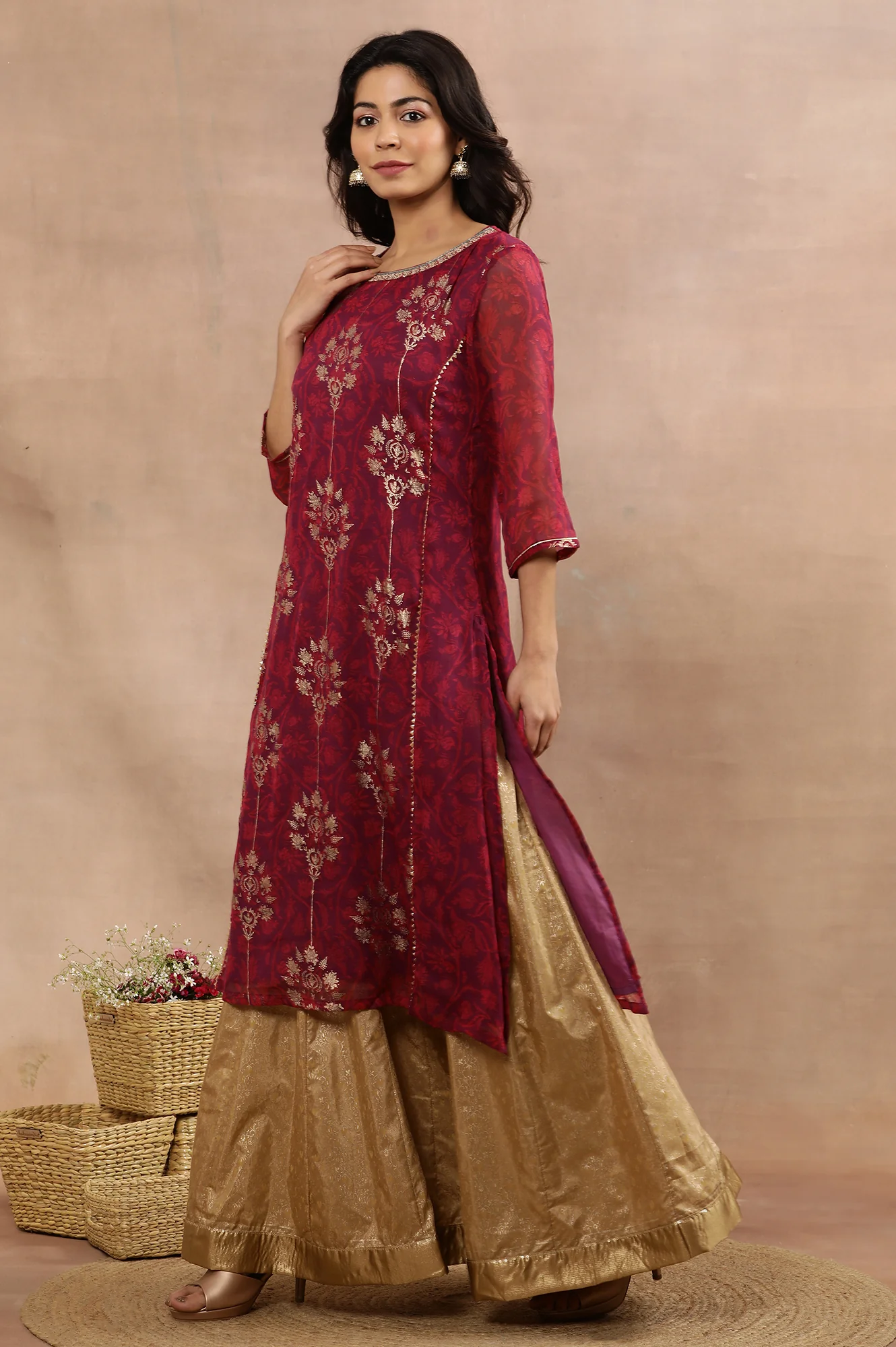 Purple Zari Embroidered Kurta And Skirt Set - Image 3