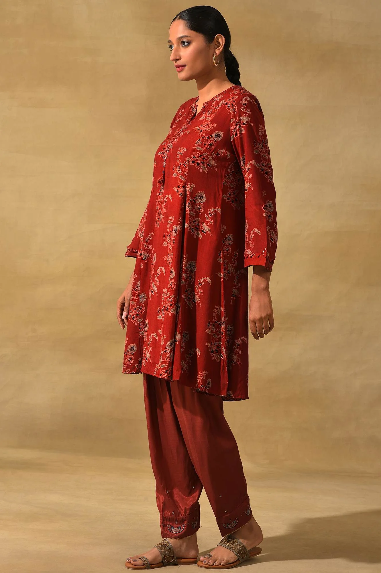 Red Ajrakh Print Flared kurta - Image 3