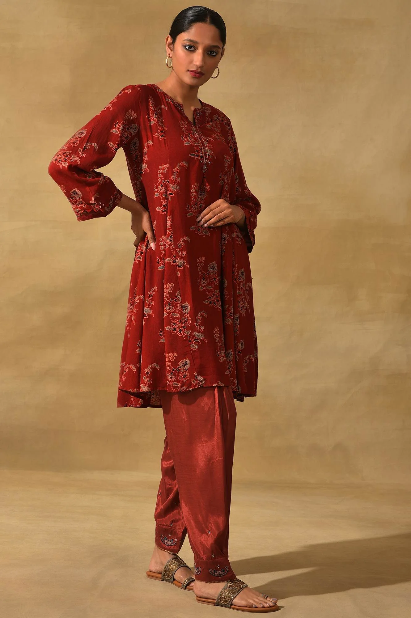 Red Ajrakh Print Flared kurta - Image 4
