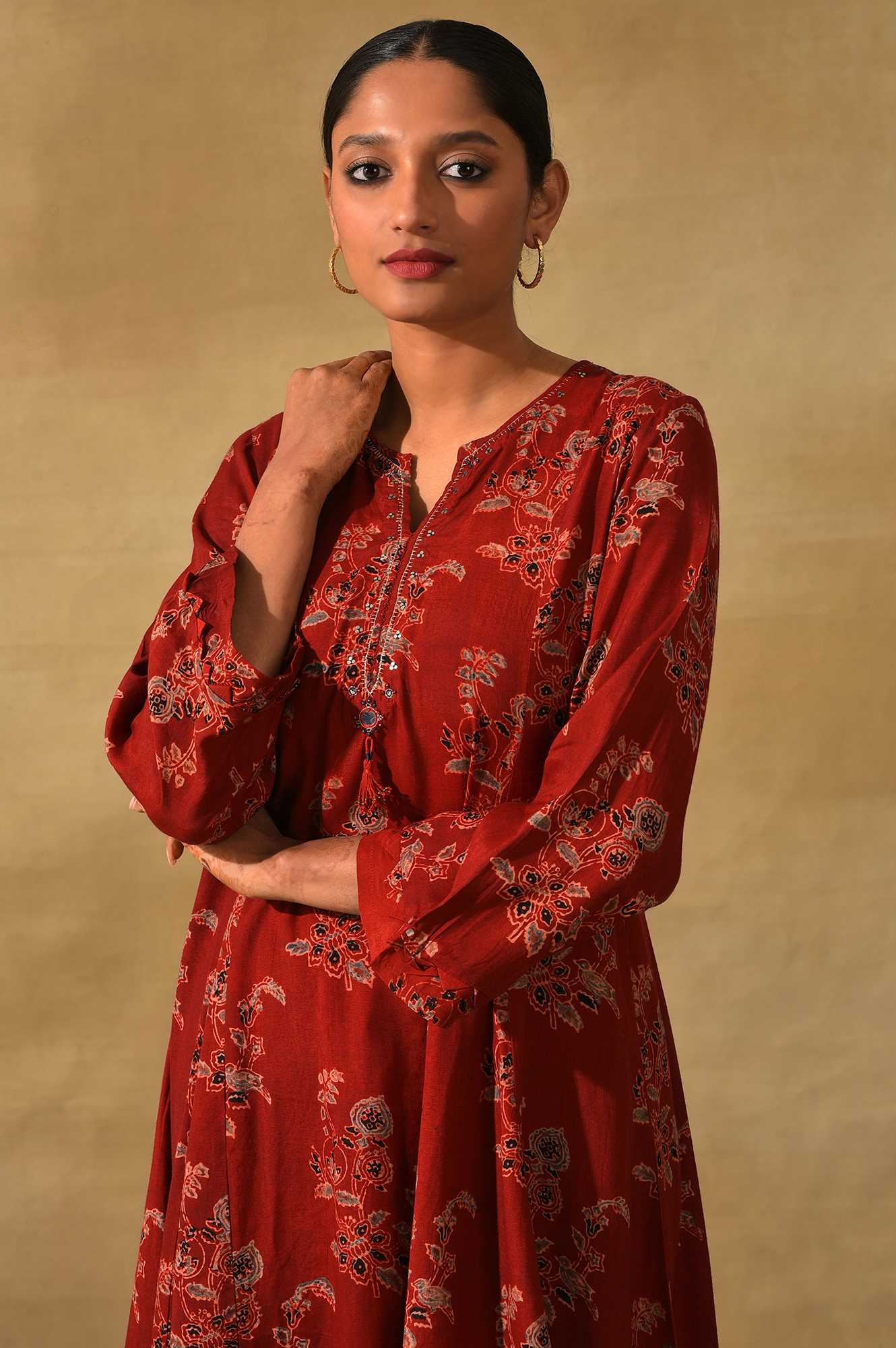 Red Ajrakh Print Flared kurta - Image 5