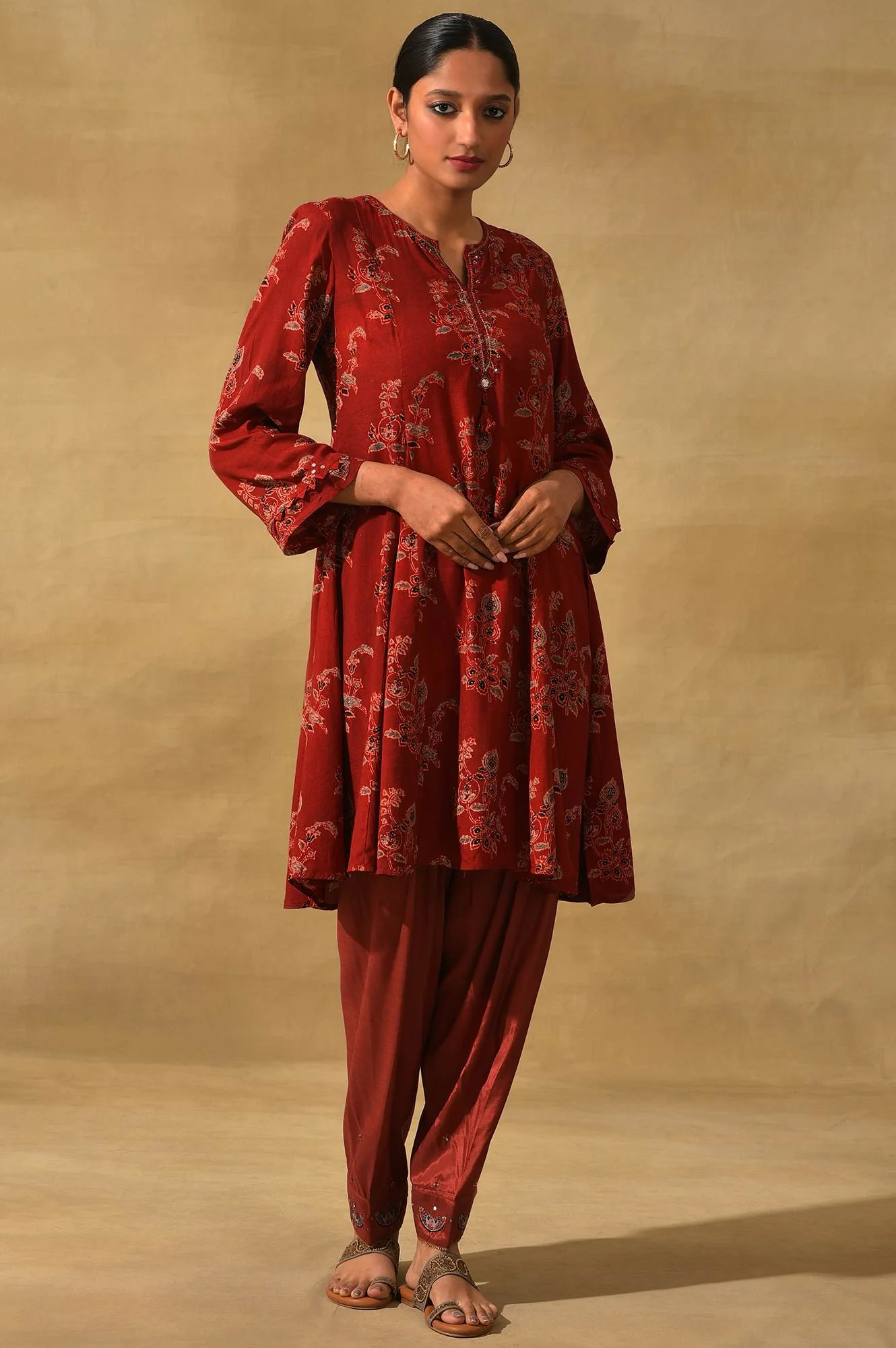 Red Ajrakh Print Flared kurta - Image 6