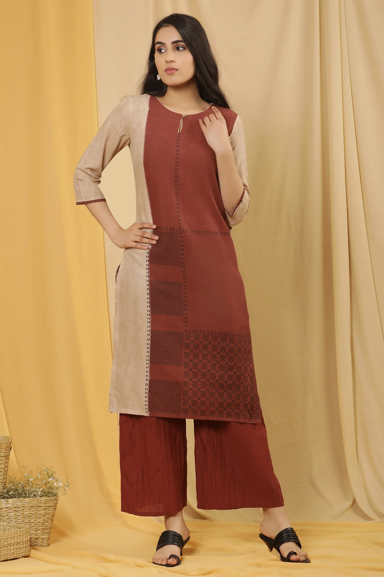 Red And Beige Printed Kurta And Crinkle Pants Set