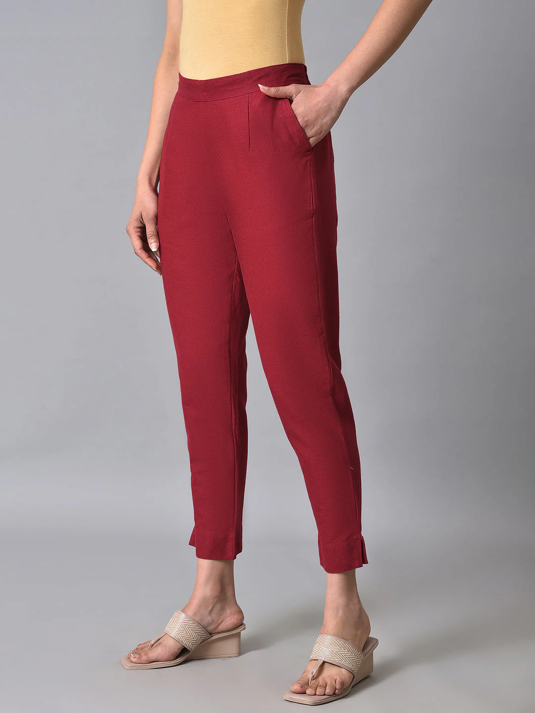 Elleven Women's Red Solid Straight Fit Cotton Trousers With Elasticated Back - Image 3