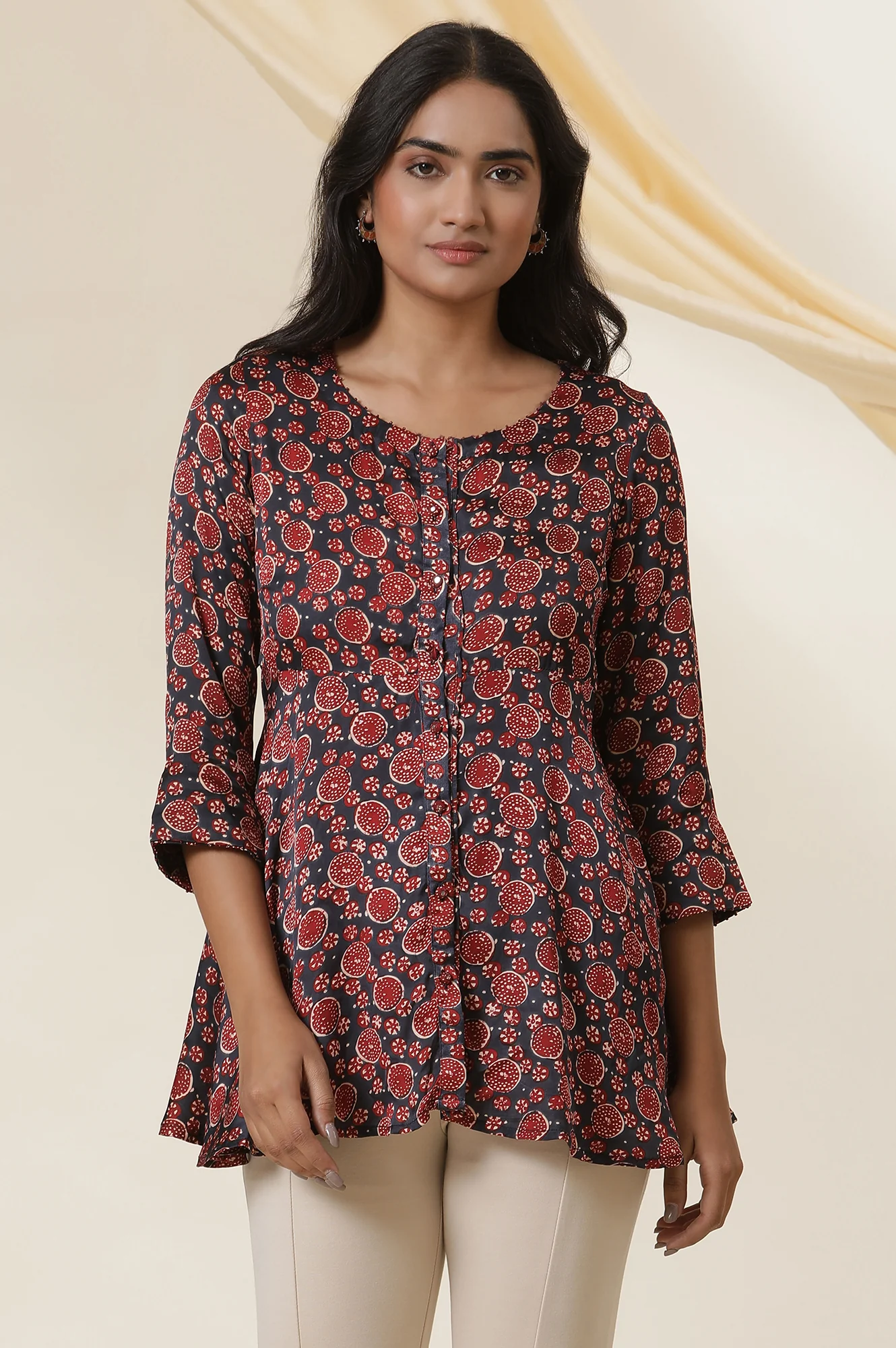 Red & Blue Printed Round Neck Flared Top