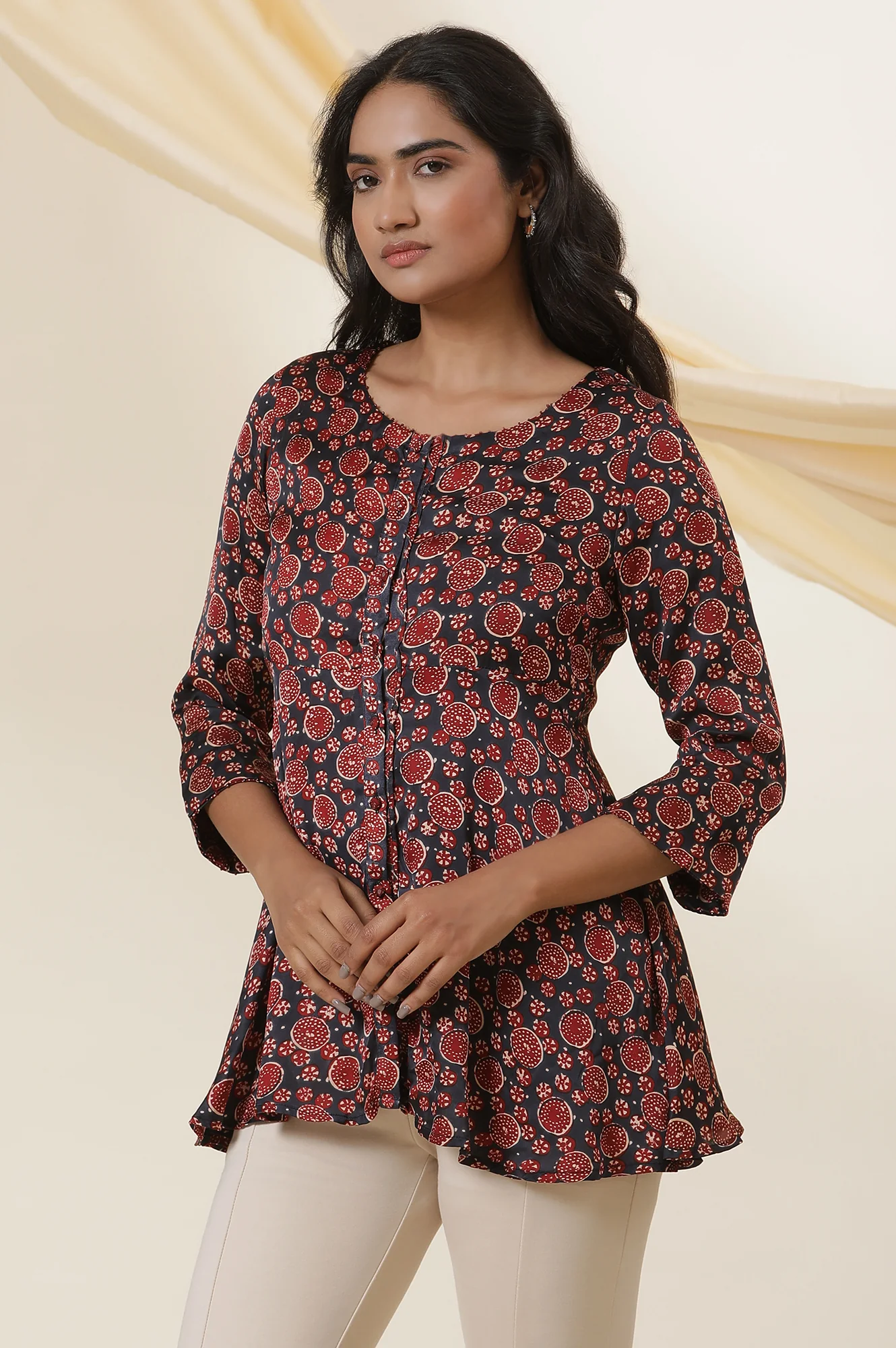 Red & Blue Printed Round Neck Flared Top - Image 2