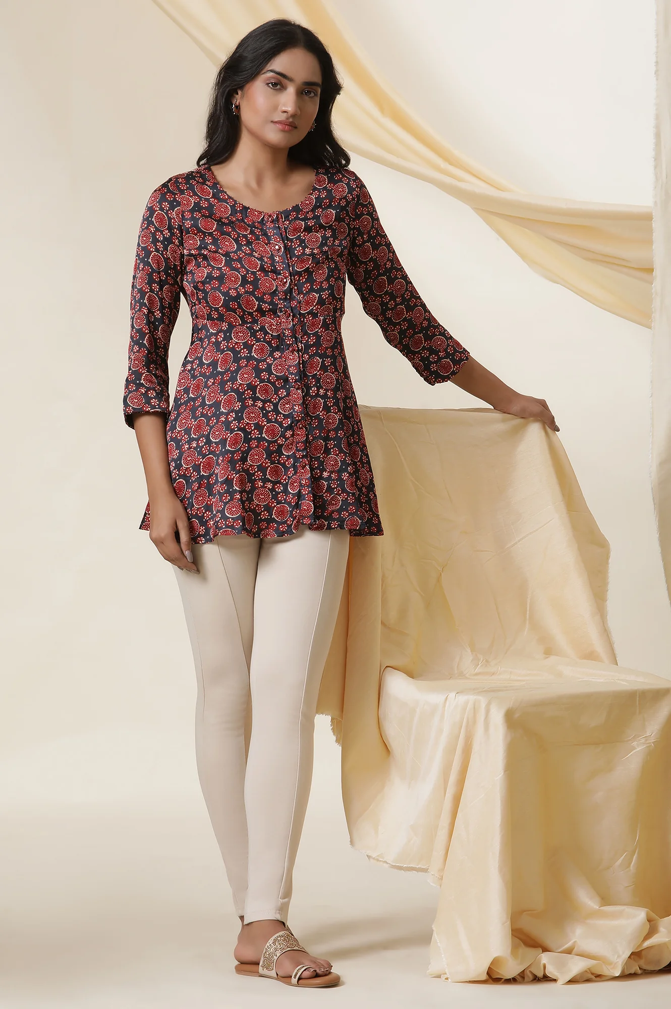 Red & Blue Printed Round Neck Flared Top - Image 5