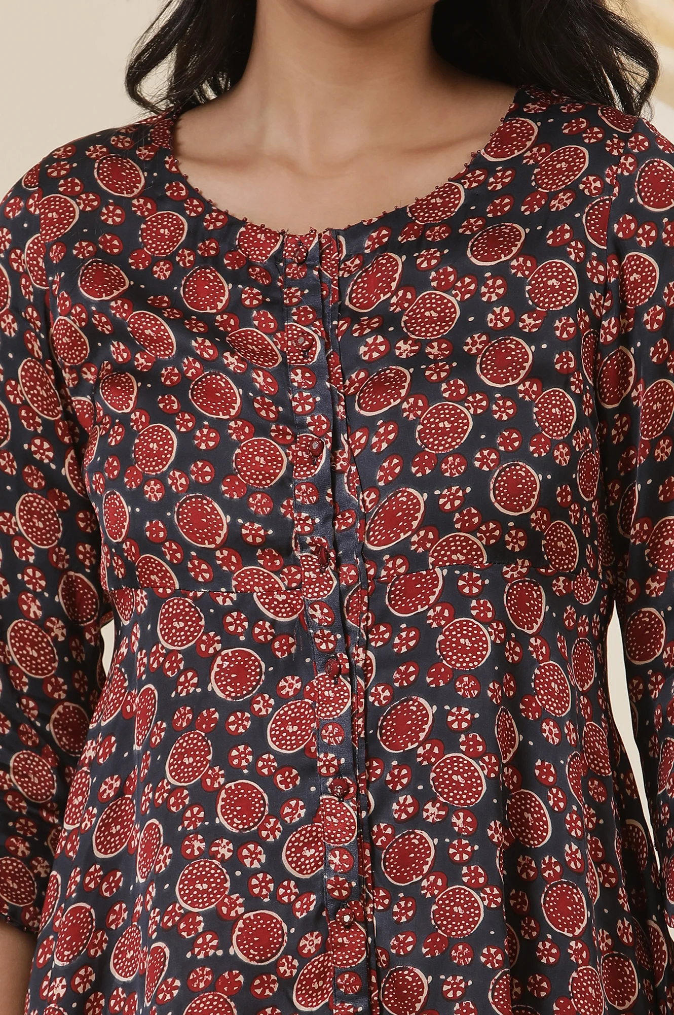 Red & Blue Printed Round Neck Flared Top - Image 6