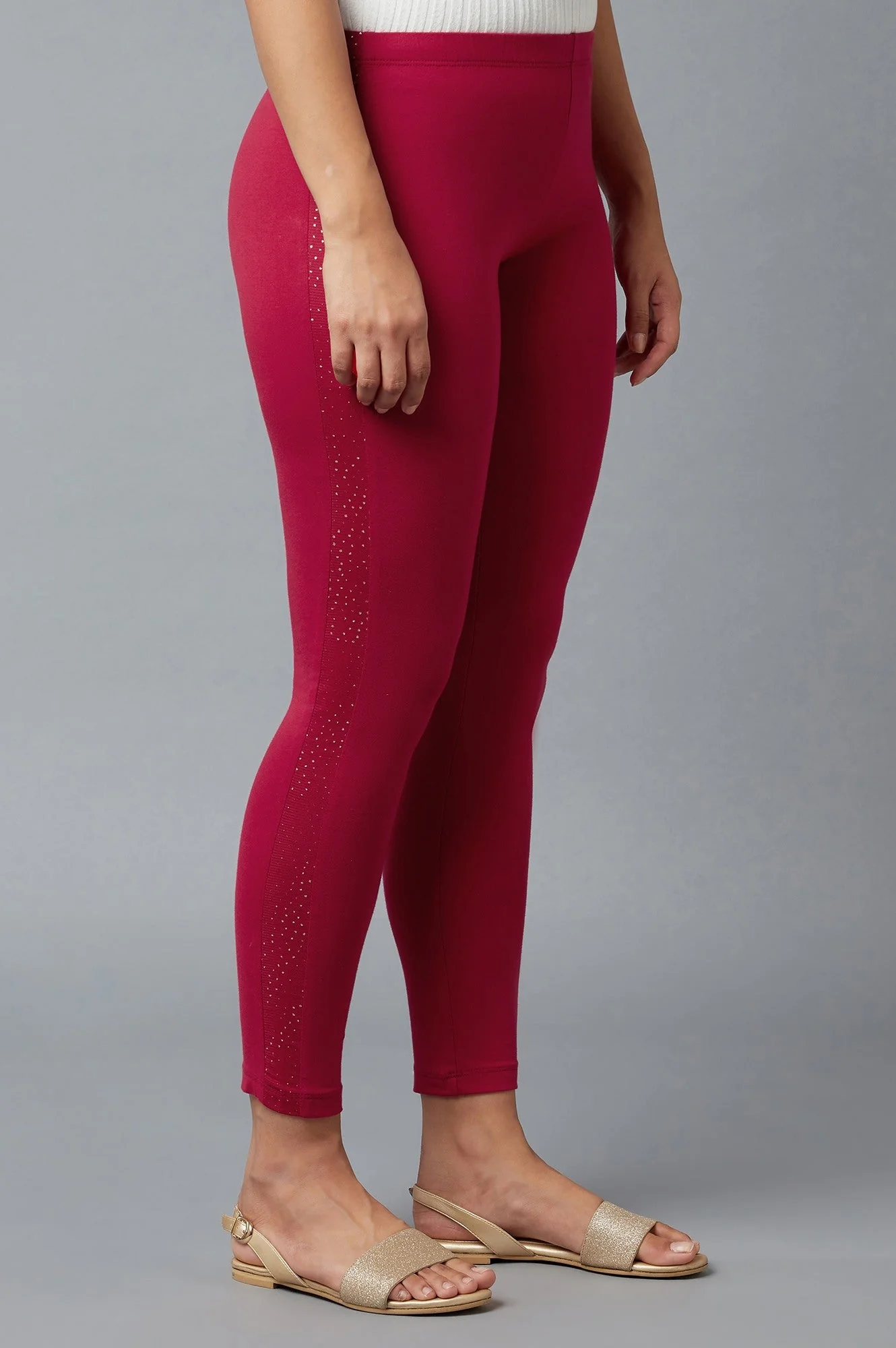 Elleven Women's Red Solid Skinny Cotton Tights With Elasticated Waist - Image 4
