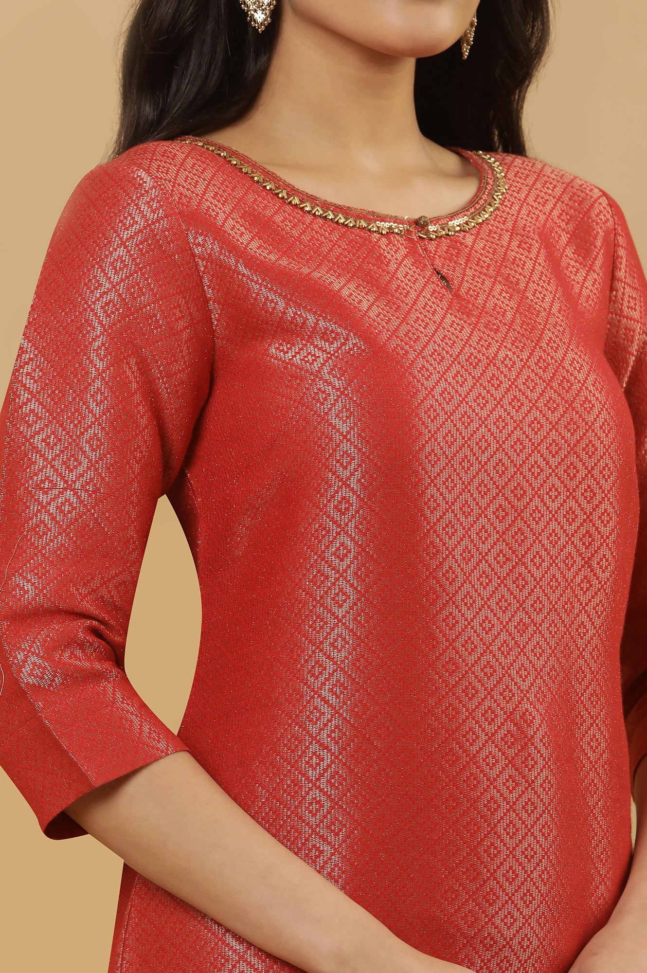 Red Embellished Dobby Kurta And Gold Slim Pants - Image 7