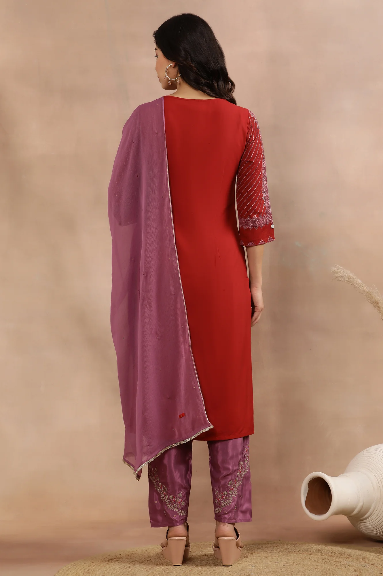 Red Embellished Kurta, Salwar And Dupatta Set - Image 4