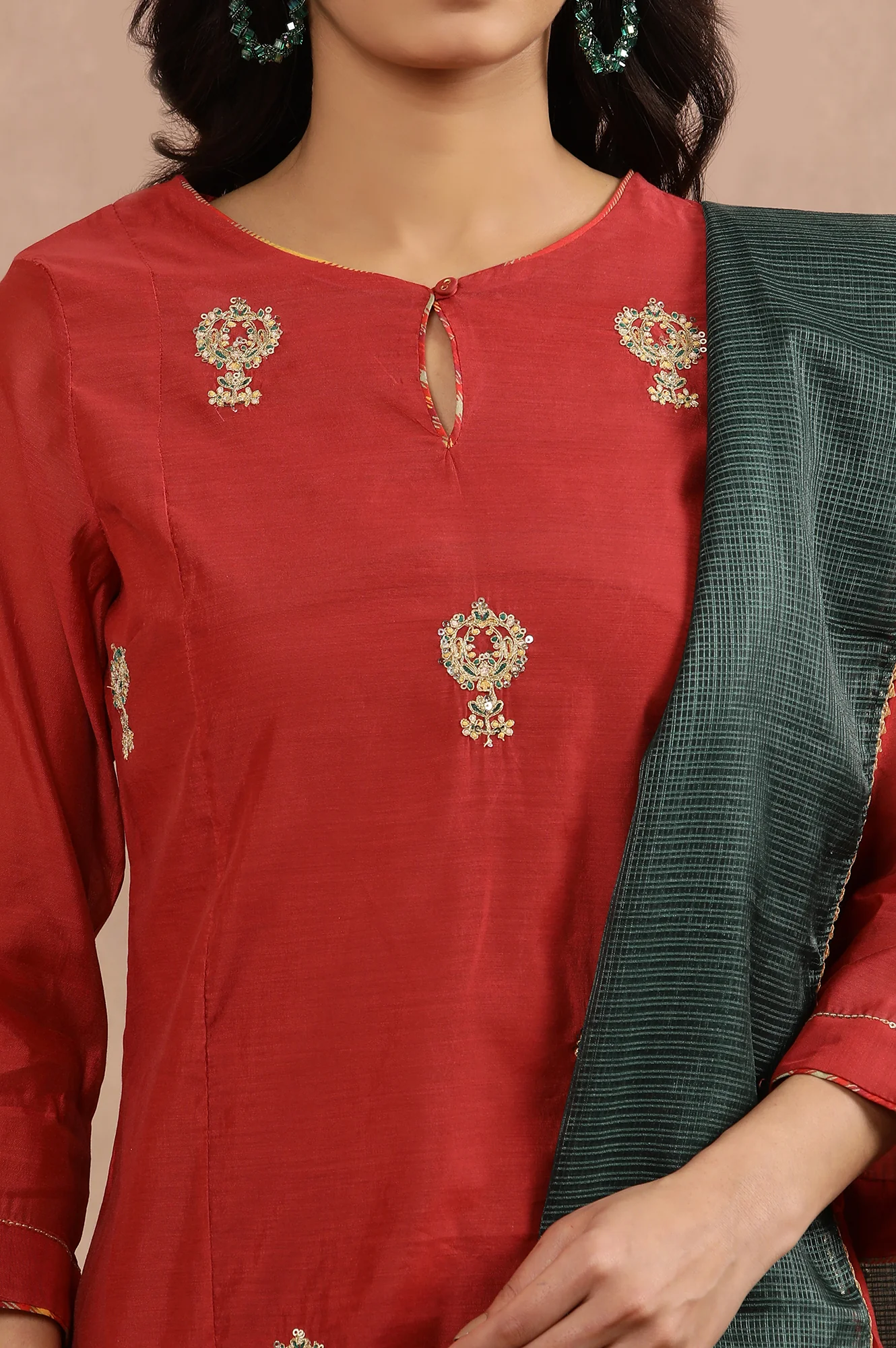 Red Embroidered Kurta, Pants And Kota Dupatta Set - Image 6