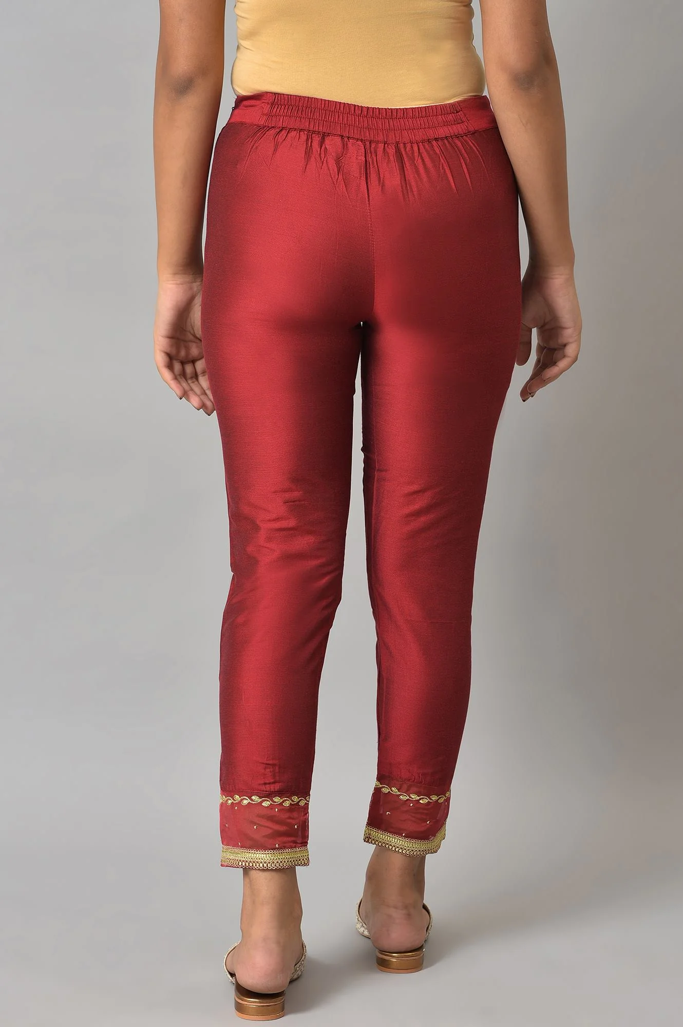 Red Embroidered Light Festive Slim Pants - Image 2