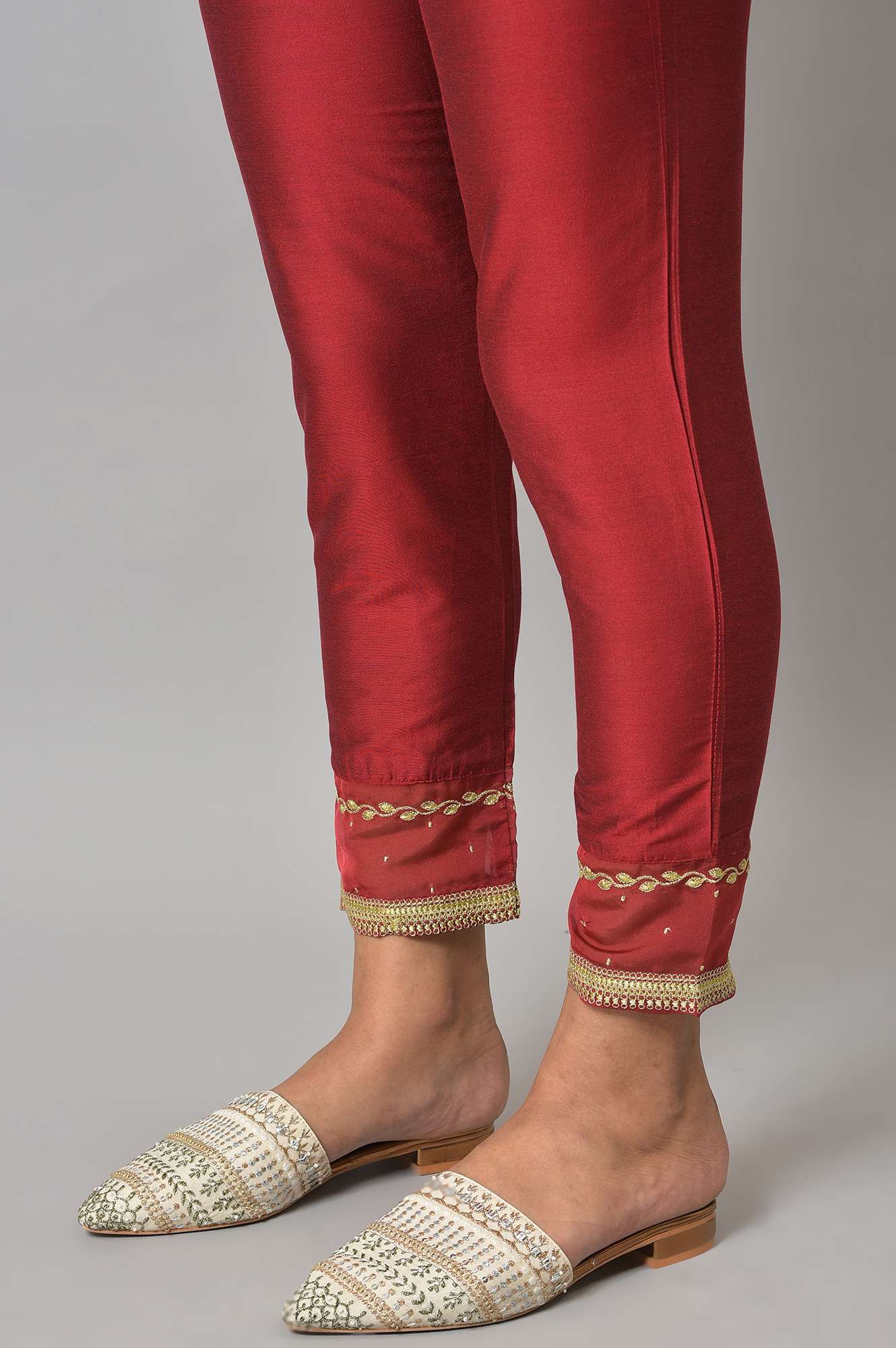 Red Embroidered Light Festive Slim Pants - Image 8