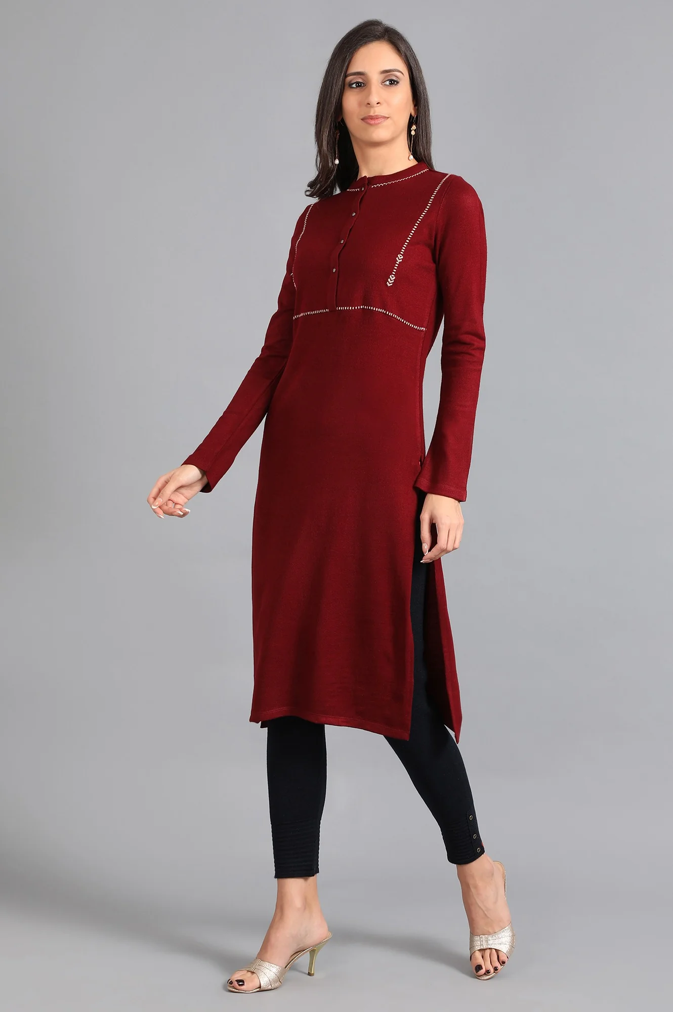 Red Mandarin Neck Solid Winter Kurta - Image 2