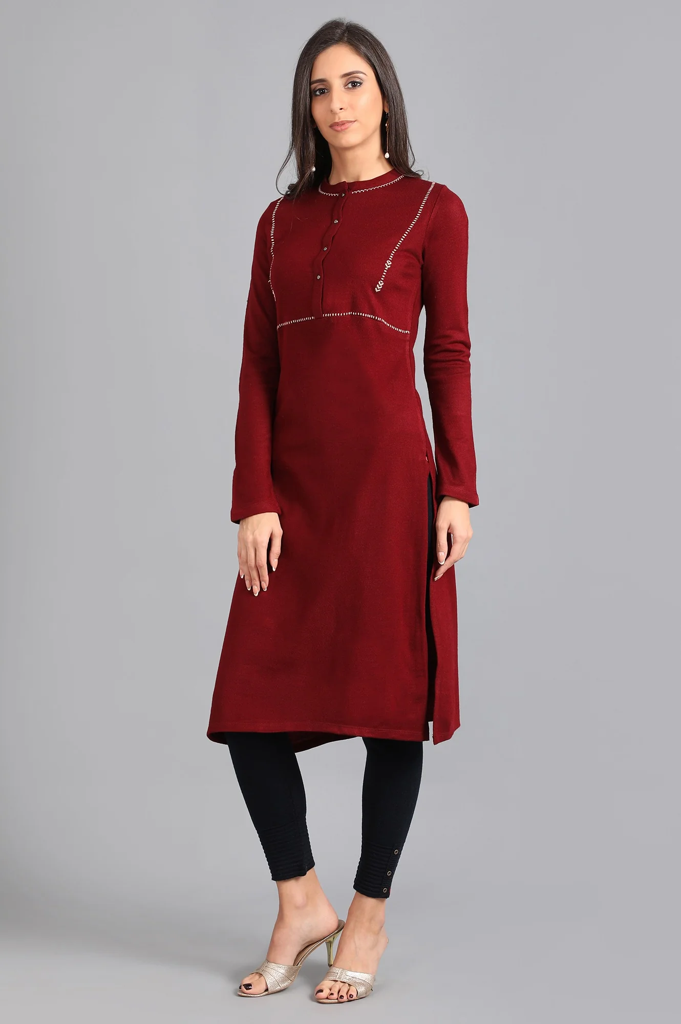 Red Mandarin Neck Solid Winter Kurta - Image 3