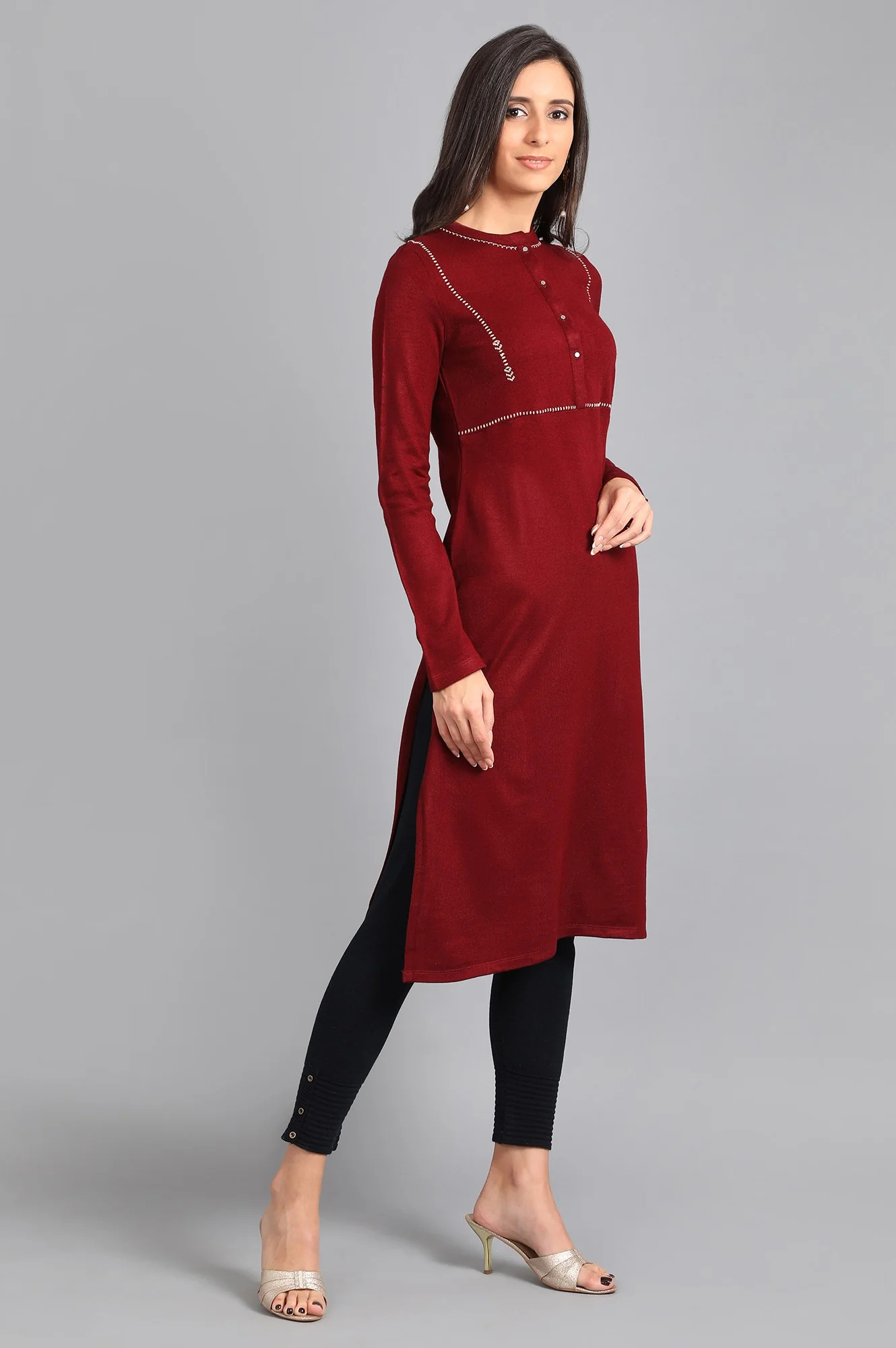 Red Mandarin Neck Solid Winter Kurta - Image 4