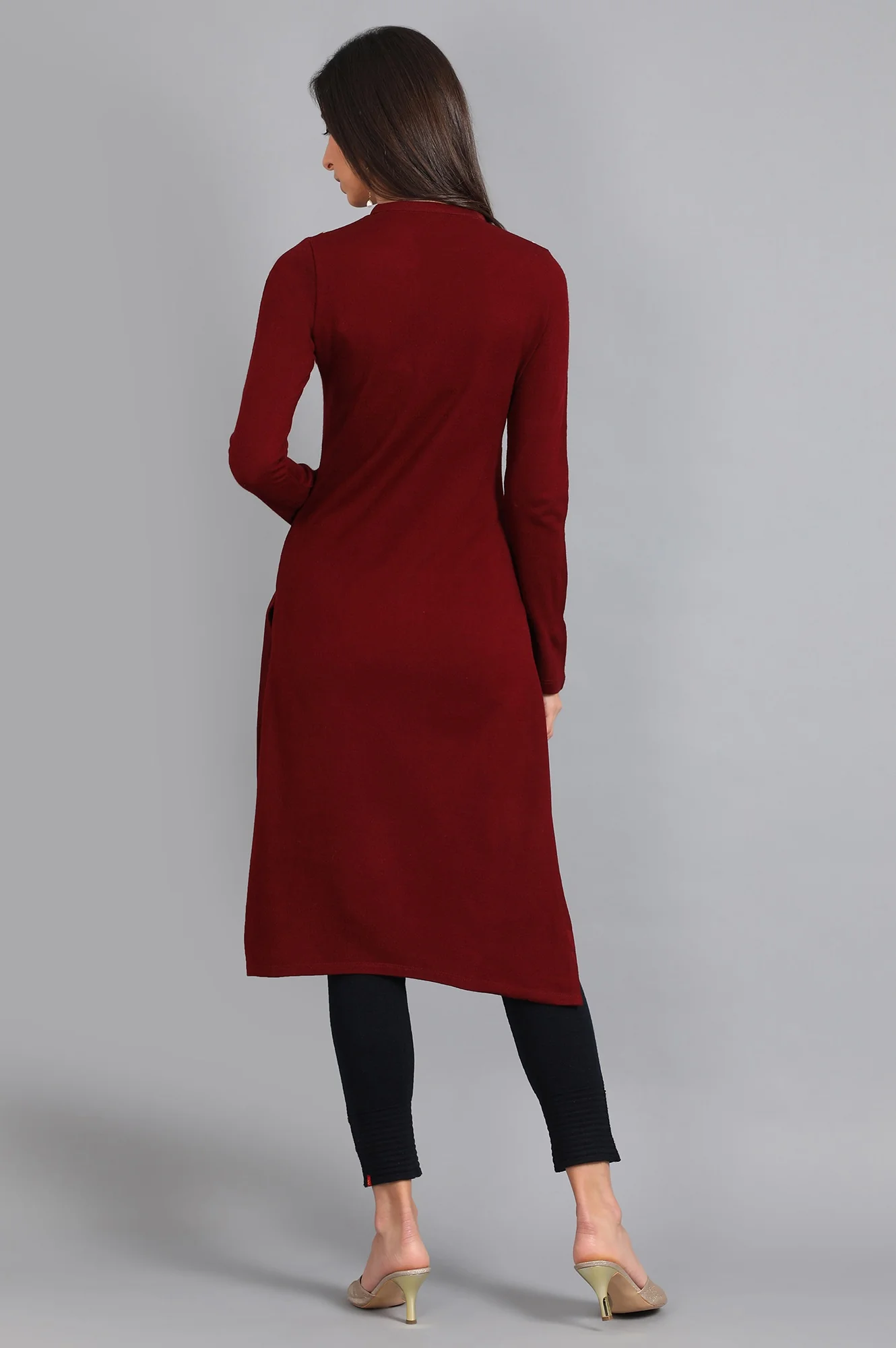 Red Mandarin Neck Solid Winter Kurta - Image 5