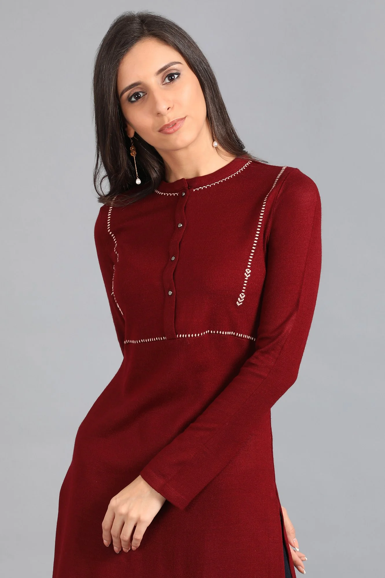 Red Mandarin Neck Solid Winter Kurta - Image 6