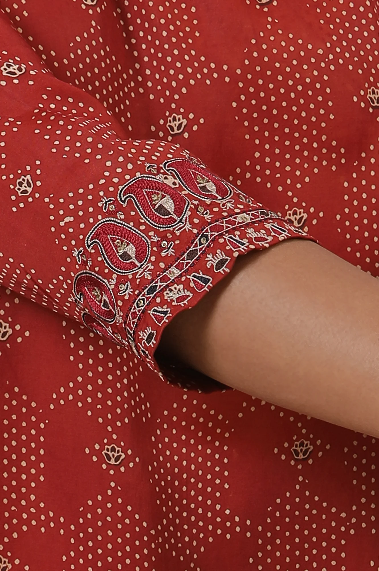 Red Printed Modal Satin Flared Kurta With Sleeeves Embroidery - Image 8