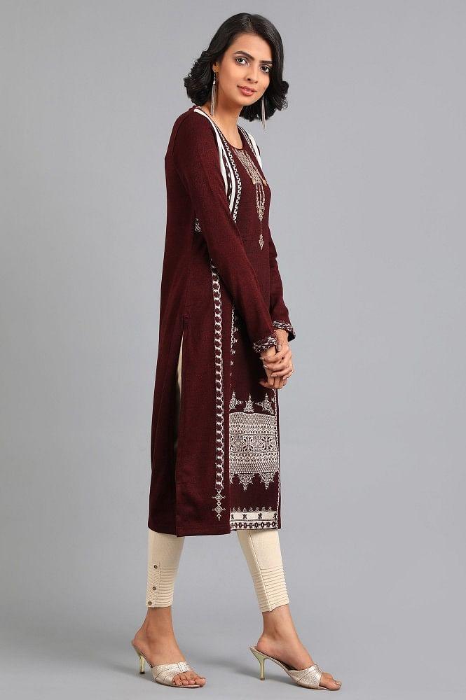 Red Round Neck Solid Winter kurta - Image 4
