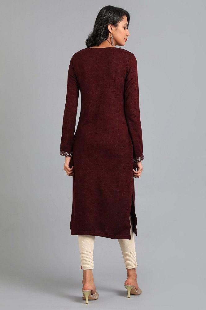 Red Round Neck Solid Winter kurta - Image 5