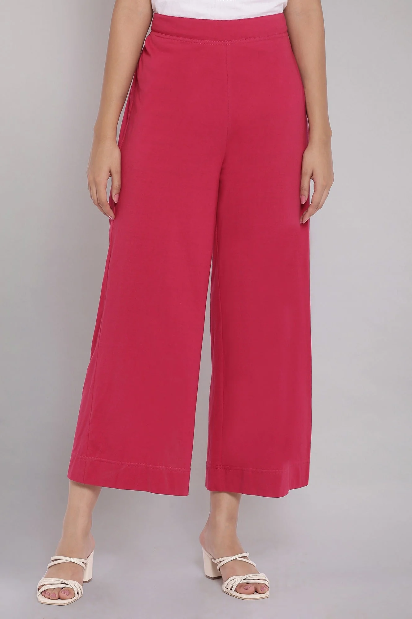 Elleven Women's Red Solid Straight Fit Cotton Palazzo With Elasticated Waist