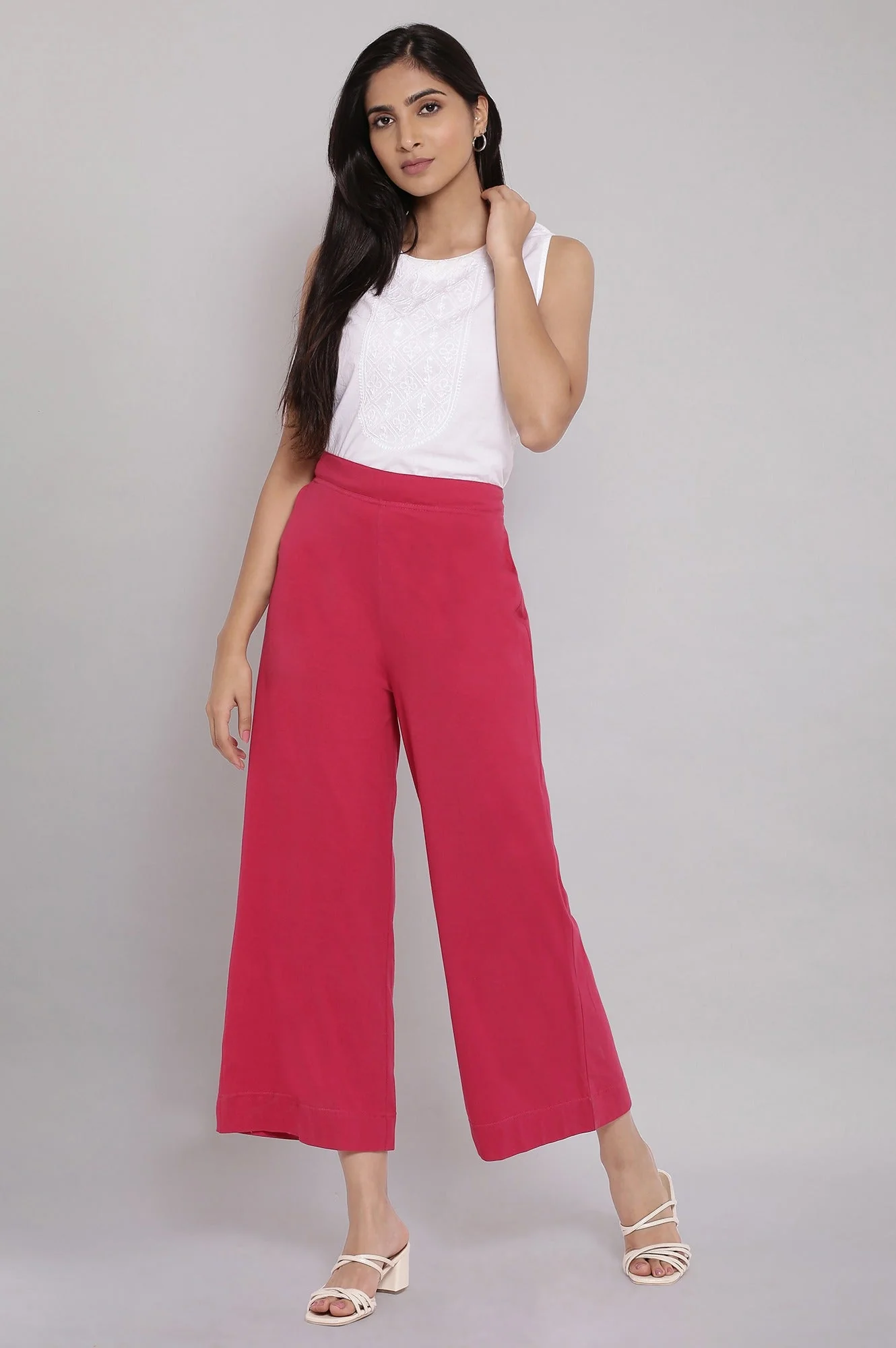 Elleven Women's Red Solid Straight Fit Cotton Palazzo With Elasticated Waist - Image 5