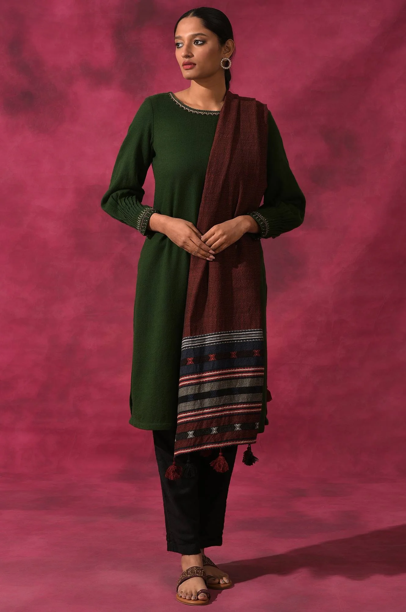 Red Yarn Dyed Woollen Shawl - Image 2