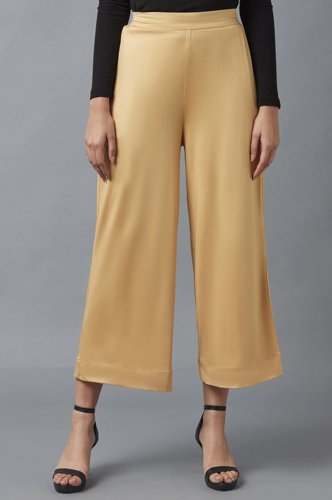 Elleven Women's Gold Solid Straight Fit Cotton Palazzo With Side Pockets