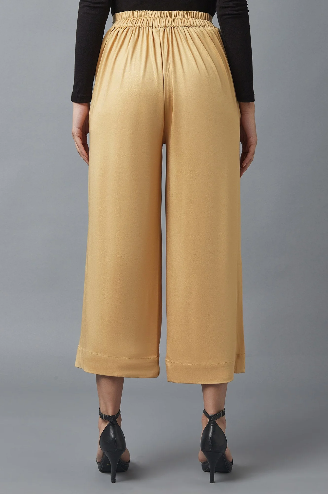 Elleven Women's Gold Solid Straight Fit Cotton Palazzo With Side Pockets - Image 2