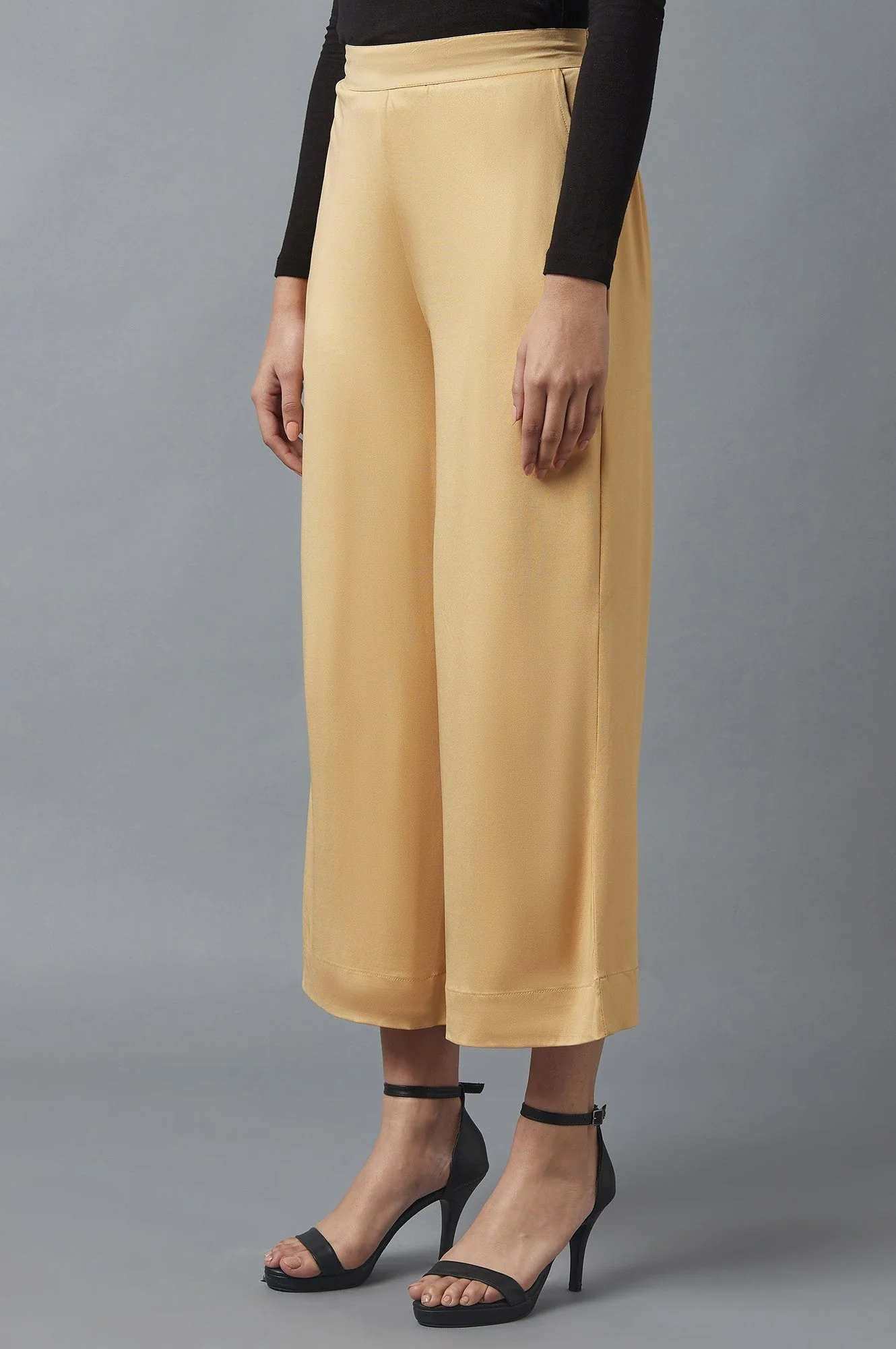 Elleven Women's Gold Solid Straight Fit Cotton Palazzo With Side Pockets - Image 3