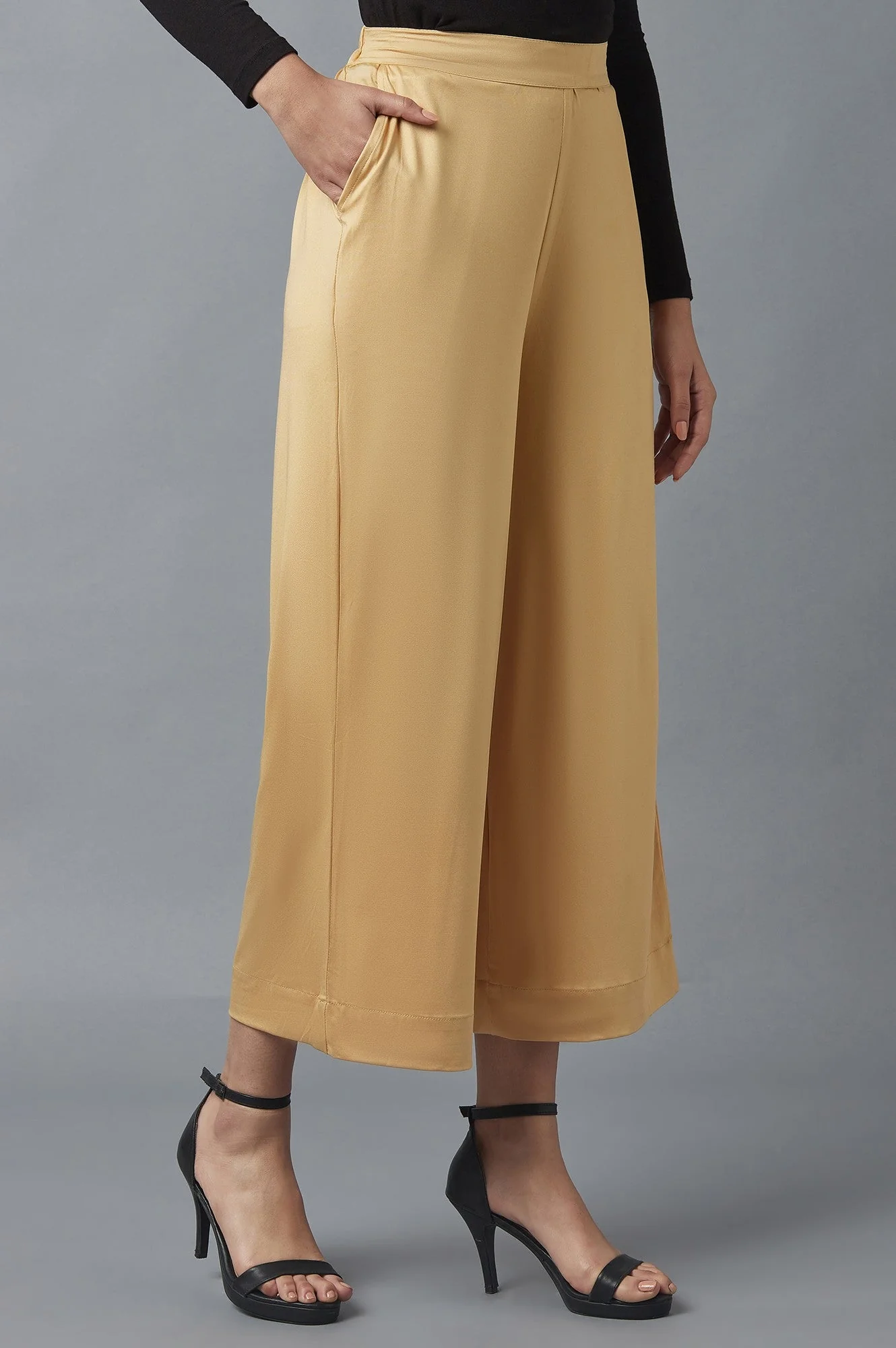 Elleven Women's Gold Solid Straight Fit Cotton Palazzo With Side Pockets - Image 4