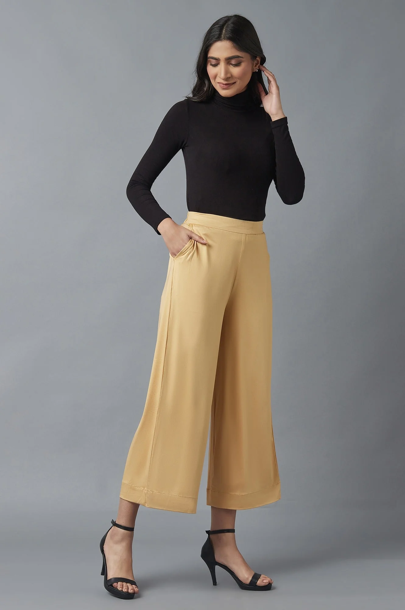 Elleven Women's Gold Solid Straight Fit Cotton Palazzo With Side Pockets - Image 5